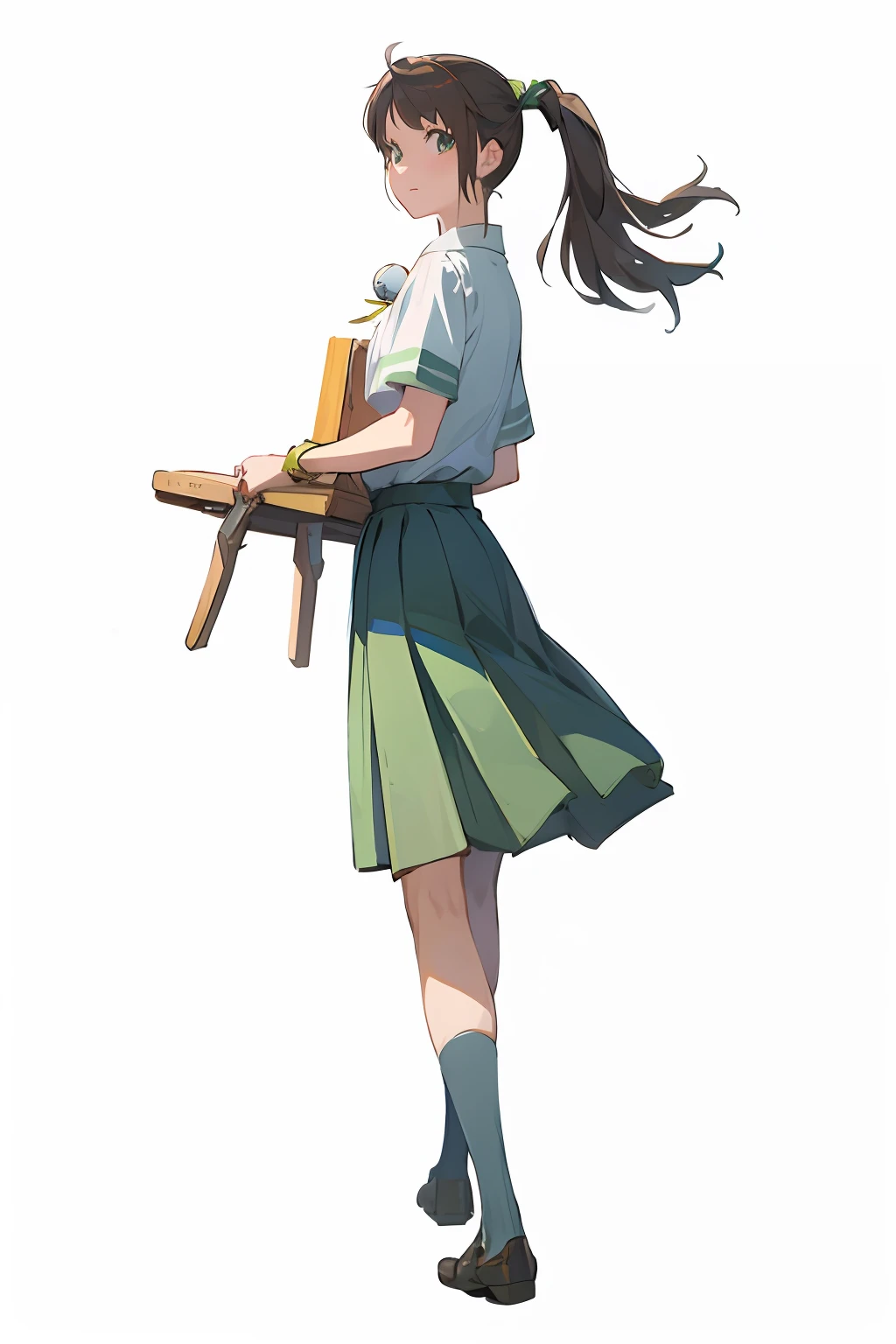 (hdt)(Master paintings)animegirl,Carrying a wooden bench,Green JK skirt,whiteshirt,Bell buds