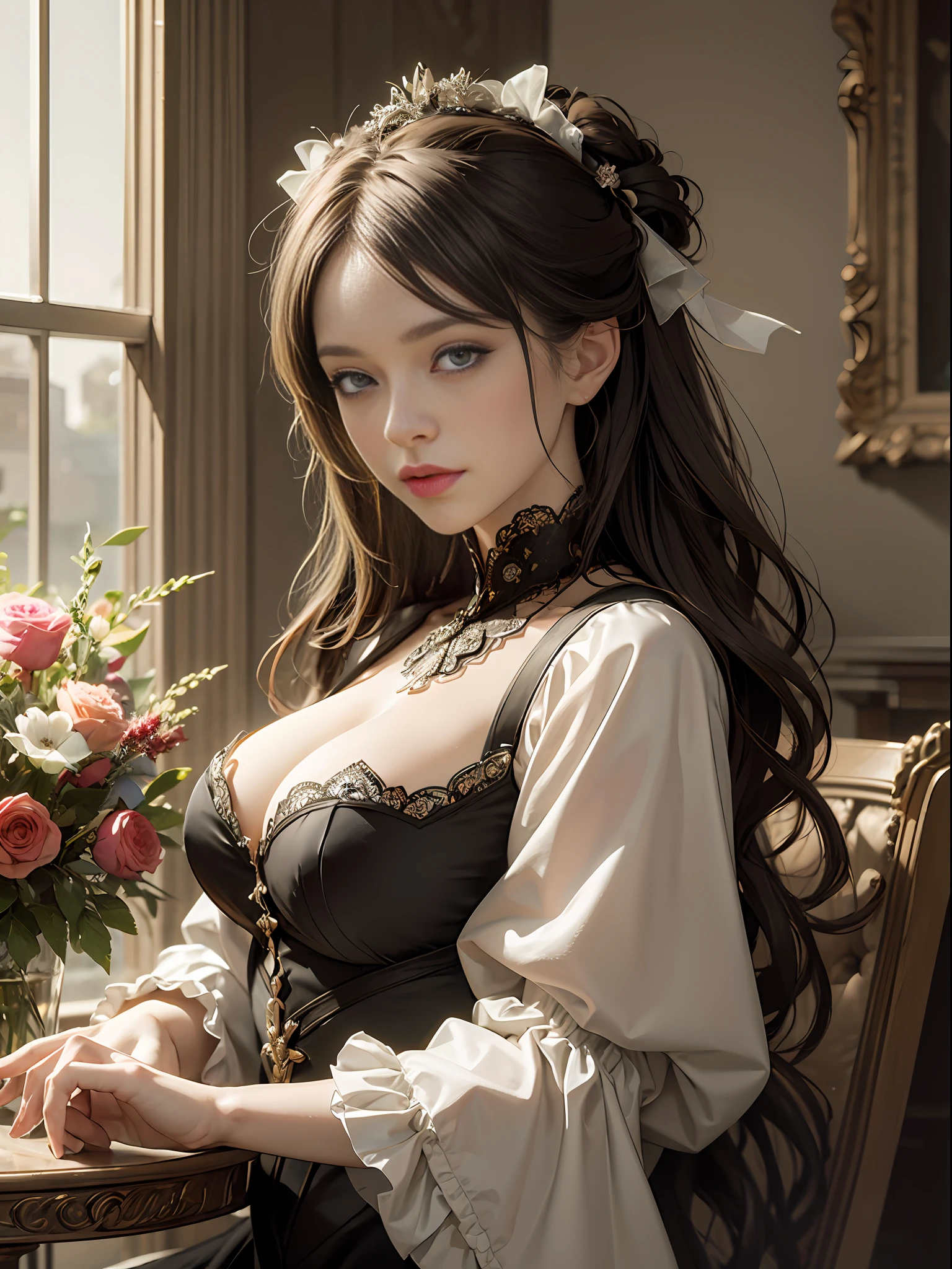 (Pure Color: 0.9), (Color: 1.1), (Masterpiece: 1,2), Top Quality, Masterpiece, High Resolution, Original, Highly Detailed Wallpaper, Beauty, Victorian, Dress, Melancholy, Big Breasts, Sepia Color, 40 years old --auto --s2