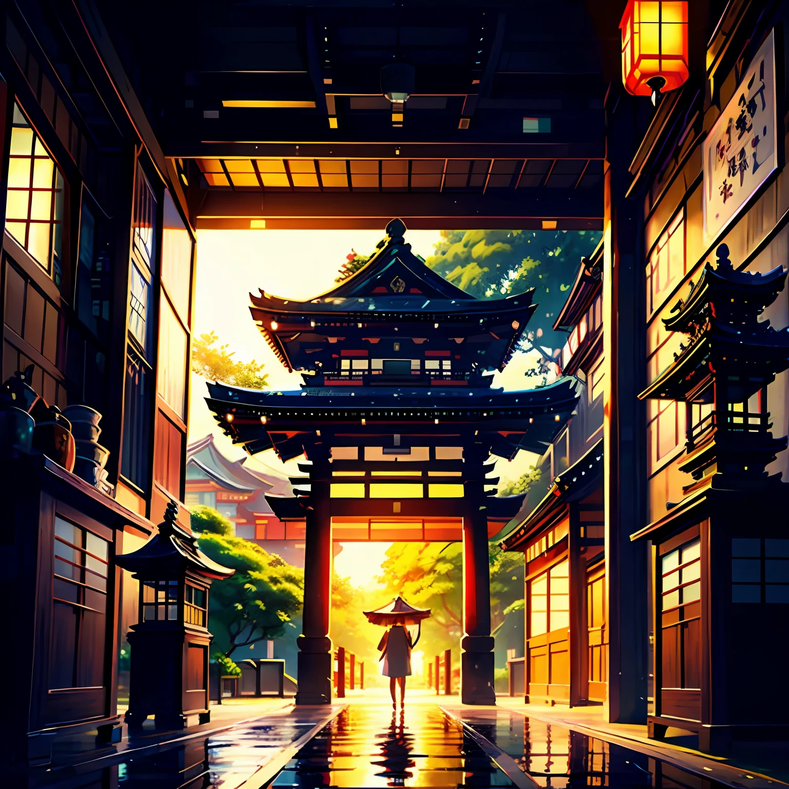 a close up of a building with a gate and a tree in the background, japanese temples, traditional japanese colors, kyoto inspired, japanese temples, japan nature, japaneese style, ancient japanese architecture, japaneese style, traditional japanese, japanese house, japanese inspiration, japanese architecture, japanese garden, japanese heritage, beautiful image, !!beautiful!!, lush japanese landscape，Homestay，The woman in white held an oil-paper umbrella and prepared to enter the door，Dusk view --auto
