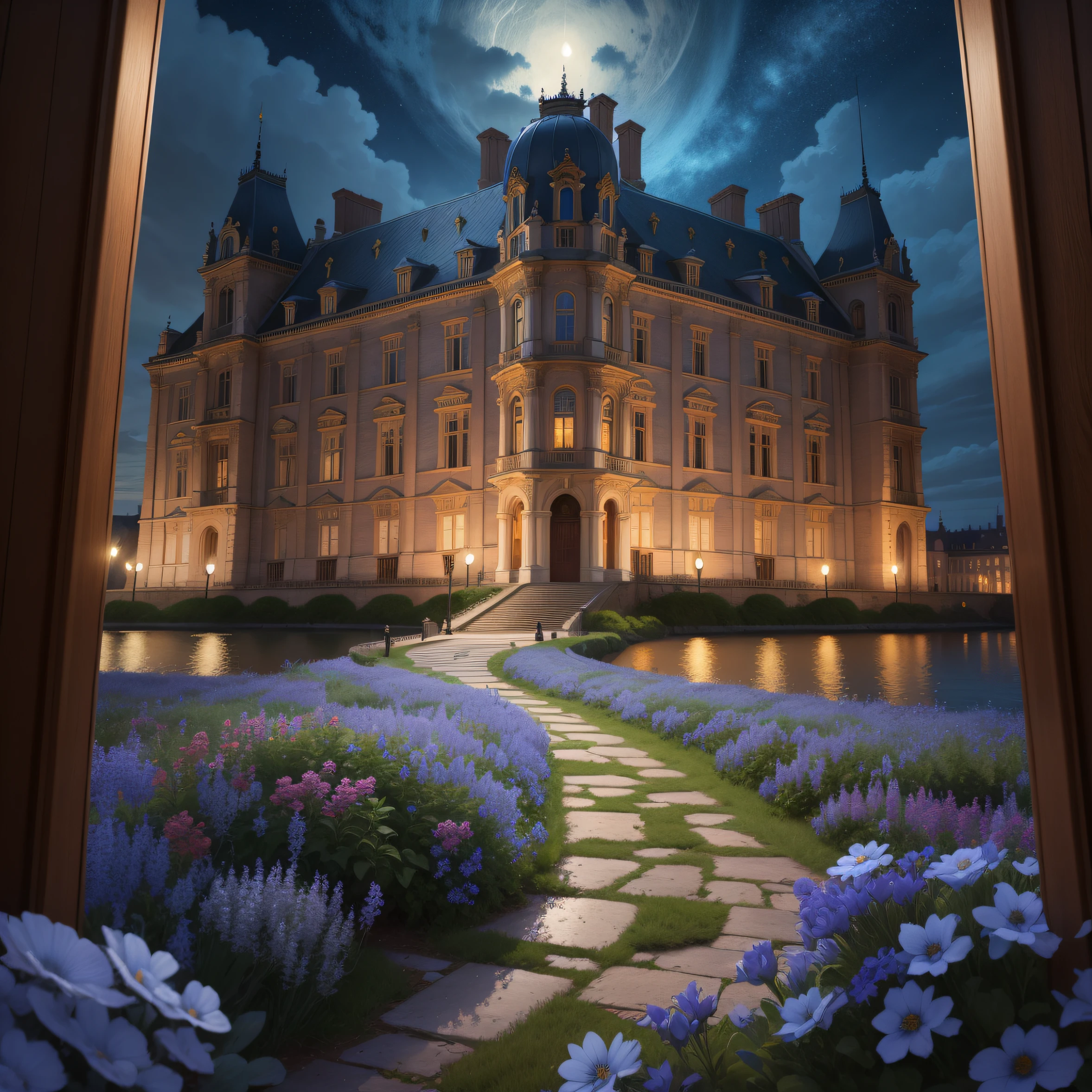 master masterpiece，deep in the night，The royal palace of Europe in the distance，A sea of blue flowers