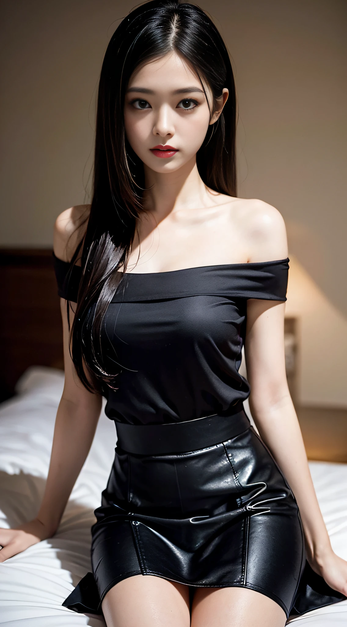 Top level CG, highest image quality, masterpiece, masterpiece, women, black long hair, flowing long hair, beautiful, off shoulder top, quiet, gentle, delicate portrayal, complex details, exquisite background, (bedroom), (sitting on bed), facing the audience, all over, (black silk short skirt)