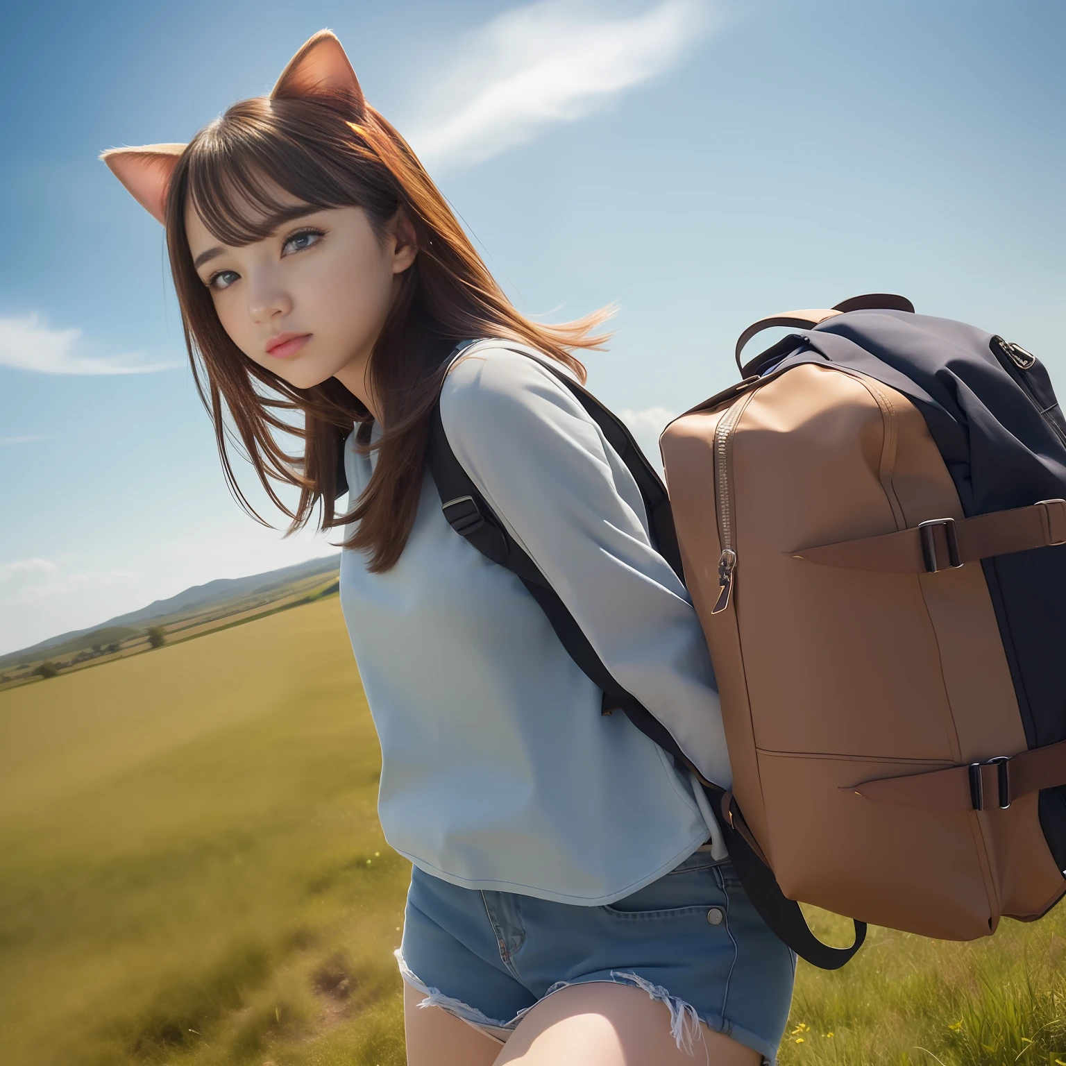 (Cat Ear), (Beautiful and spectacular skyline、Majestic sky)、(extremely tense and dramatic pictures、Moving visual effects)、(high hanging Polaris、Colorful natural light)、(1女の子)、(Long sleeve top、denim shorts pants、Carry a backpack)、(large grassland)、(Approaching breeze)、(Adjustment effect of brown hair and background:1.2)、(close shot、Long shot mix and match)[::0.9]