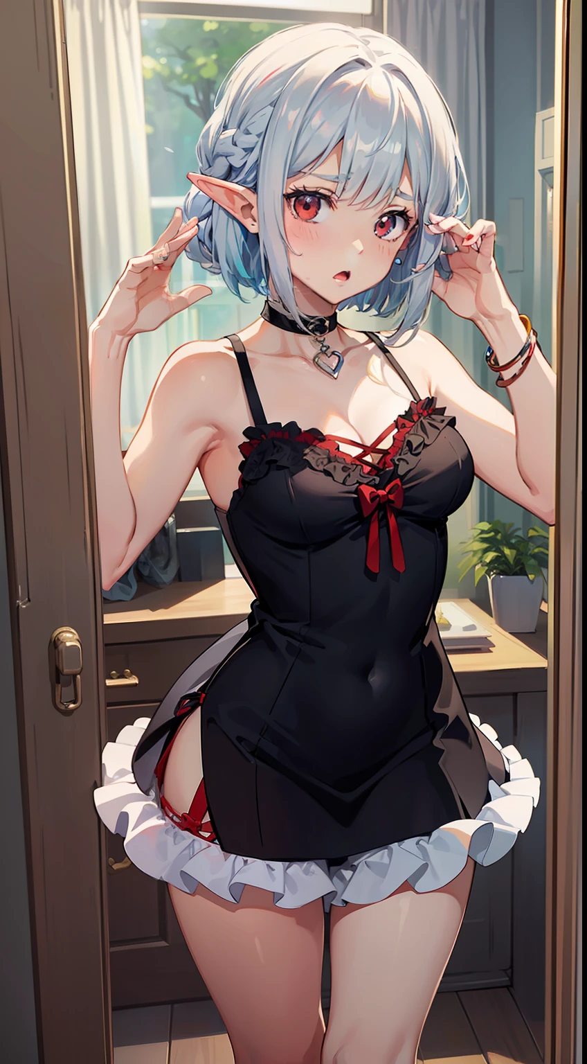 ((Put your hands on your face)), ((Surprised)), (Red Face), 1girl, elvish, silver hair,, Red eyes, Braided hair, bob cuts, s summer clothes, Camisole, miniskirts, ruffles, inside room, Mirror, Gender Change, Concept art, beautiful anime scene, beautiful anime scenery, The Highest Quality, master masterpiece, 4K