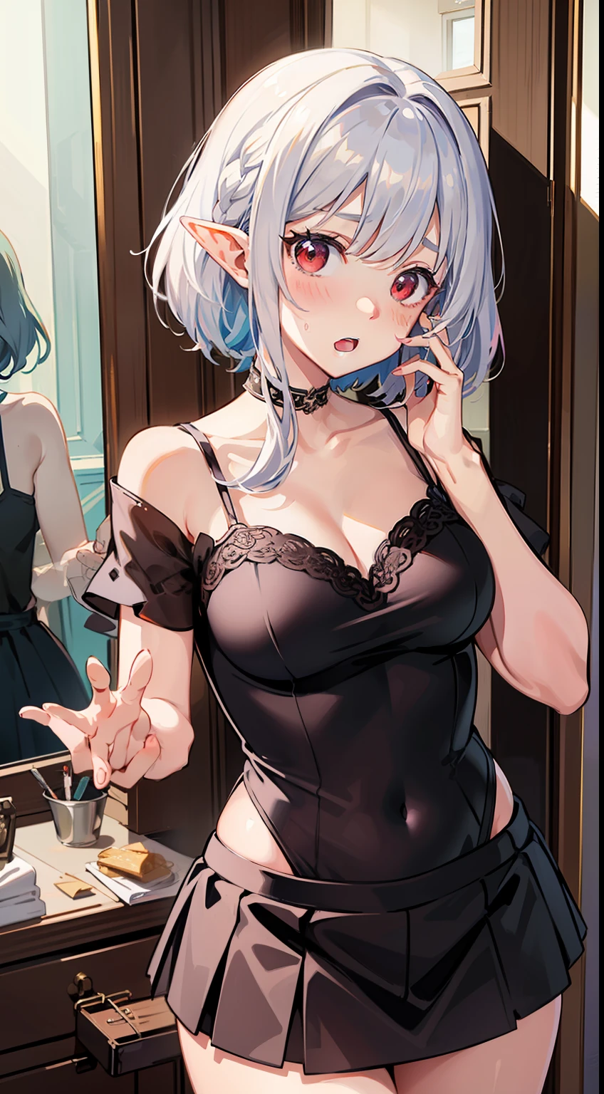 ((Put your hands on your face)), ((Surprised)), (Red Face), 1girl, elvish, silver hair,, Red eyes, Braided hair, bob cuts, s summer clothes, Camisole, miniskirts, ruffles, inside room, Mirror, Gender Change, Concept art, beautiful anime scene, beautiful anime scenery, The Highest Quality, master masterpiece, 4K