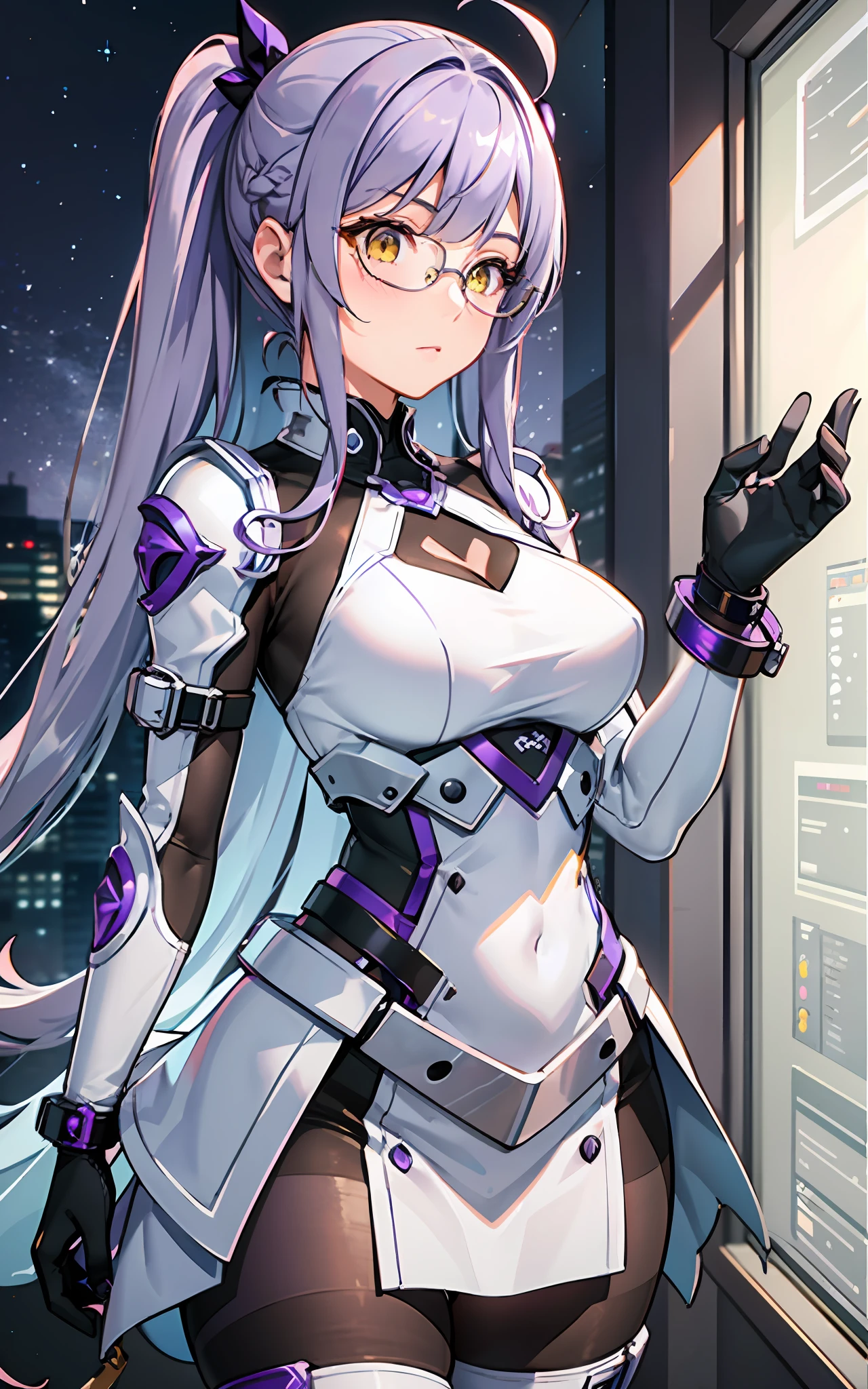 complex anime 3d render ultra detailed, (((masterpiece))), (((best quality))), ((ultra-detailed)),(3D Cartoon rendering),(from side),cinematic light,((single mechanical girl)),({best quality}),(Ultra Fine),(full detail),delicate youthful face,well_developed curves,hourglass_figure,perspective,beautiful_face,high_quality_outfits,futuristic_outfits,silght_blush,full_body,full detail face,protective outfits,Honkai_Impact,scientist,anatomical,Ray Trace;

(purple hair:1.5),indigo hair tips,violet ahoge, (violet drill twintails with hairpin at end),(long fin-shaped mechanial white and violet hairpins,pointing upwards),one long white mechanic triangle tipped head oranment,(silver headband around forehead);(exquisite gem-like yellow eyes:1.6,white cross pupil),yellow goggle eyeglasses

Futuristic dress outfit,armored combat suit,exquisite gadgets,elegant and modest outfits,black long slender sleeves,black arm bracers,white bracelets,black gloves,white tanktop with violet lines,black armored corset,violet traces,v-shaped metalic waistband with four gadget holsters,violet waistband,(white scifi armor skirts,knee-length segmented hems),(black armor tassets),violet knee-length dress,(black and violet pantyhose),golden gartener belt around left leg,silver waistband with gadget holsters,knee bracers;silver mechanic boots,heeled boots; White mechanic backpack on back;

calm expression,vigilat gaze,stretching hands,standing,looking forwards

mechanic room with toolstand,standing in a spaceship,starry sky visble through window (starry sky:1.2),dreamy, [[delicate fingers and hands:0.55]::0.85],(detail fingers),