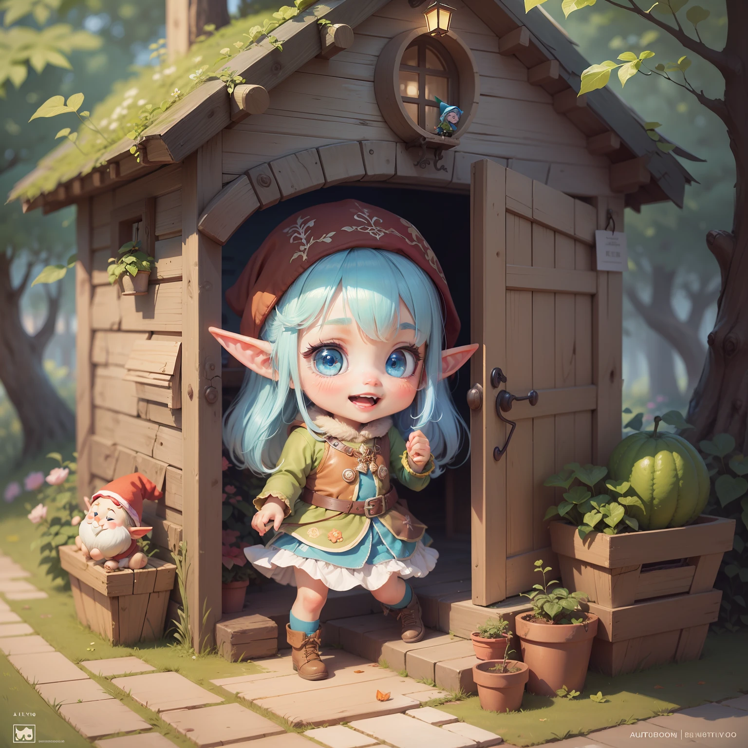 A scene with medium range: on the left there is Melvin ,a cute gnome, that is slipping on the steps of his cute house. On the right of the scene there is Lilly hidden behind the bush , little elf girl 6 's olh big and sweet blue eyes, long blue hair, cute face, adorable digital painting, portrait of very beautiful elf, cute detailed digital art, with a sly look and a very mischievous expression, that is laughing . --auto --s2