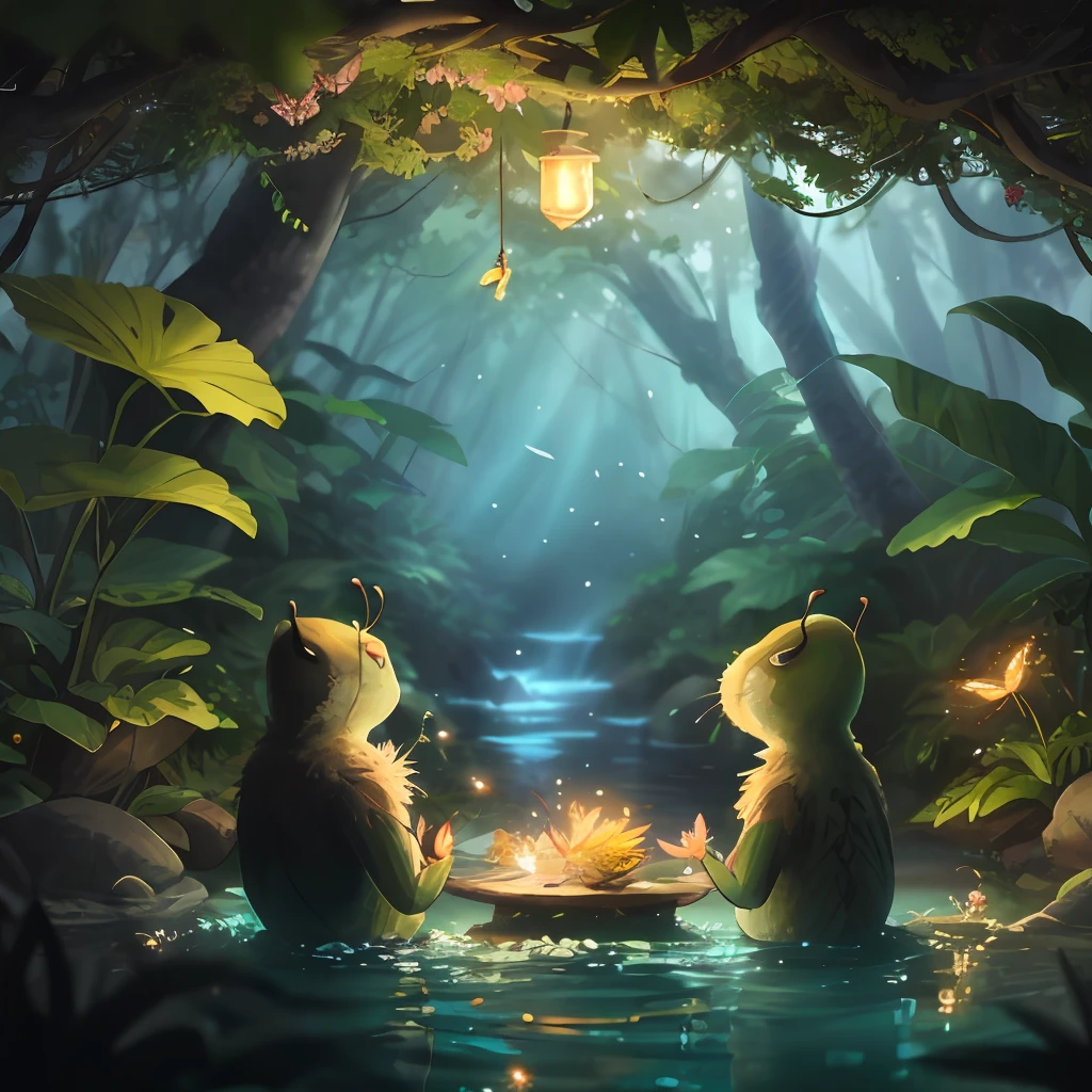 Anthropomorphic ants，master masterpiece，best best quality，（非常详细的CG统一8k壁纸），（best illustrations），（Best Shadows），insects，Drinking water in the pool，Natural elements of forest theme。Mysterious forest，beautiful forest，natural,,,,,,，surrounded by flower，Delicate leaves and branches are surrounded by fireflies（Natural element），（Jungle Theme），（Leaves），（twigs），（Fireflies），（particle effect）和其他3D，octanerendering，raytraced，is super detailed，No text，CARTOON