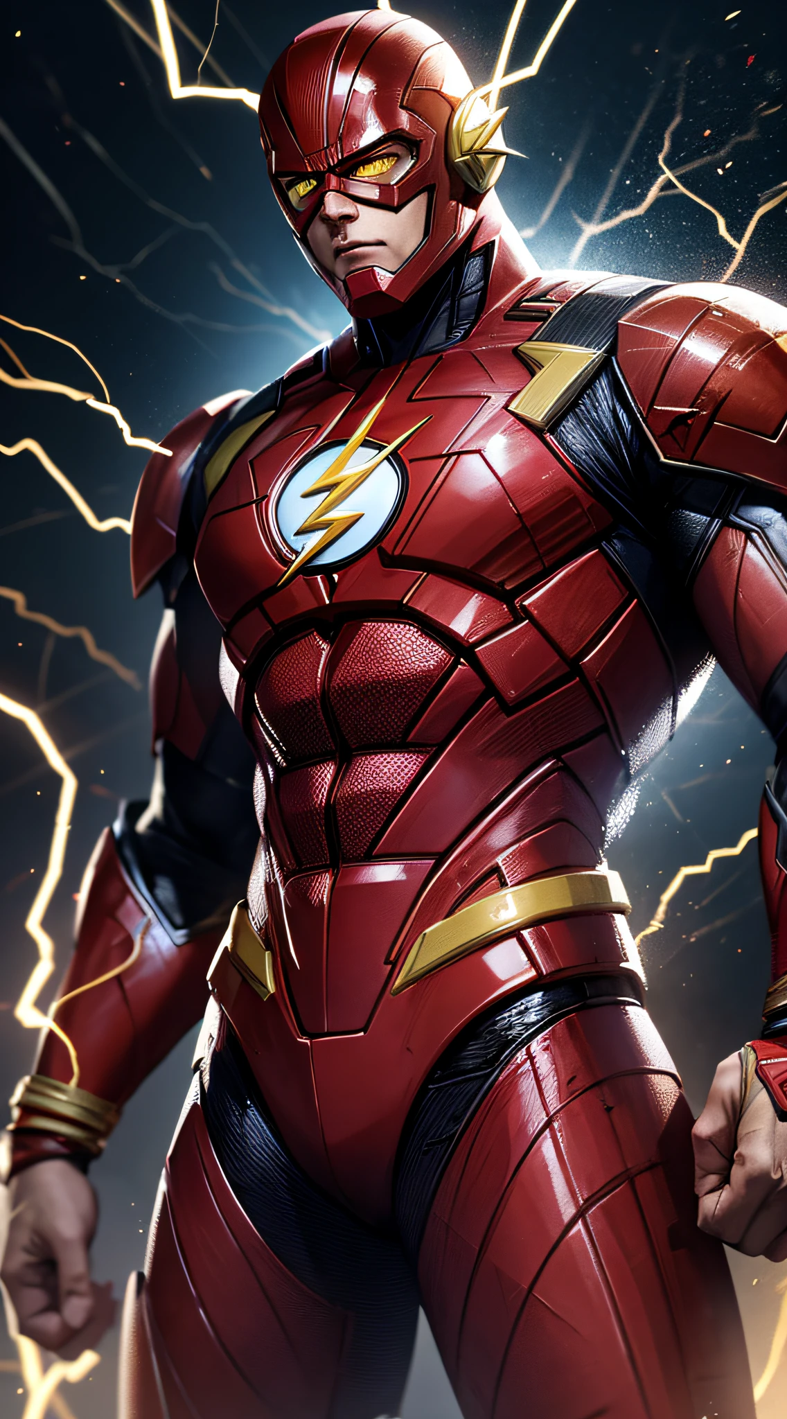 The Flash (Injustice 2), best quality, high resolution, tall, muscular, hunk, red suit, red helmet, big glowing yellow eyes, standing powerfully pose, yellow lightning trail, detailed face, detailed suit, ultra detailed, masterpiece, tunnle of light in the background, 4k, raw photo, volumetric lighting, low camera angle