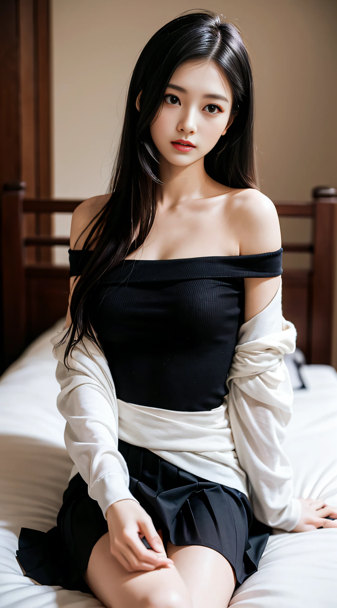 Top level CG, highest image quality, masterpiece, masterpiece, women, black long hair, flowing long hair, beautiful, off shoulder top, quiet, gentle, delicate portrayal, complex details, exquisite background, (bedroom), (sitting on bed), facing the audience, all over, (black silk short skirt)