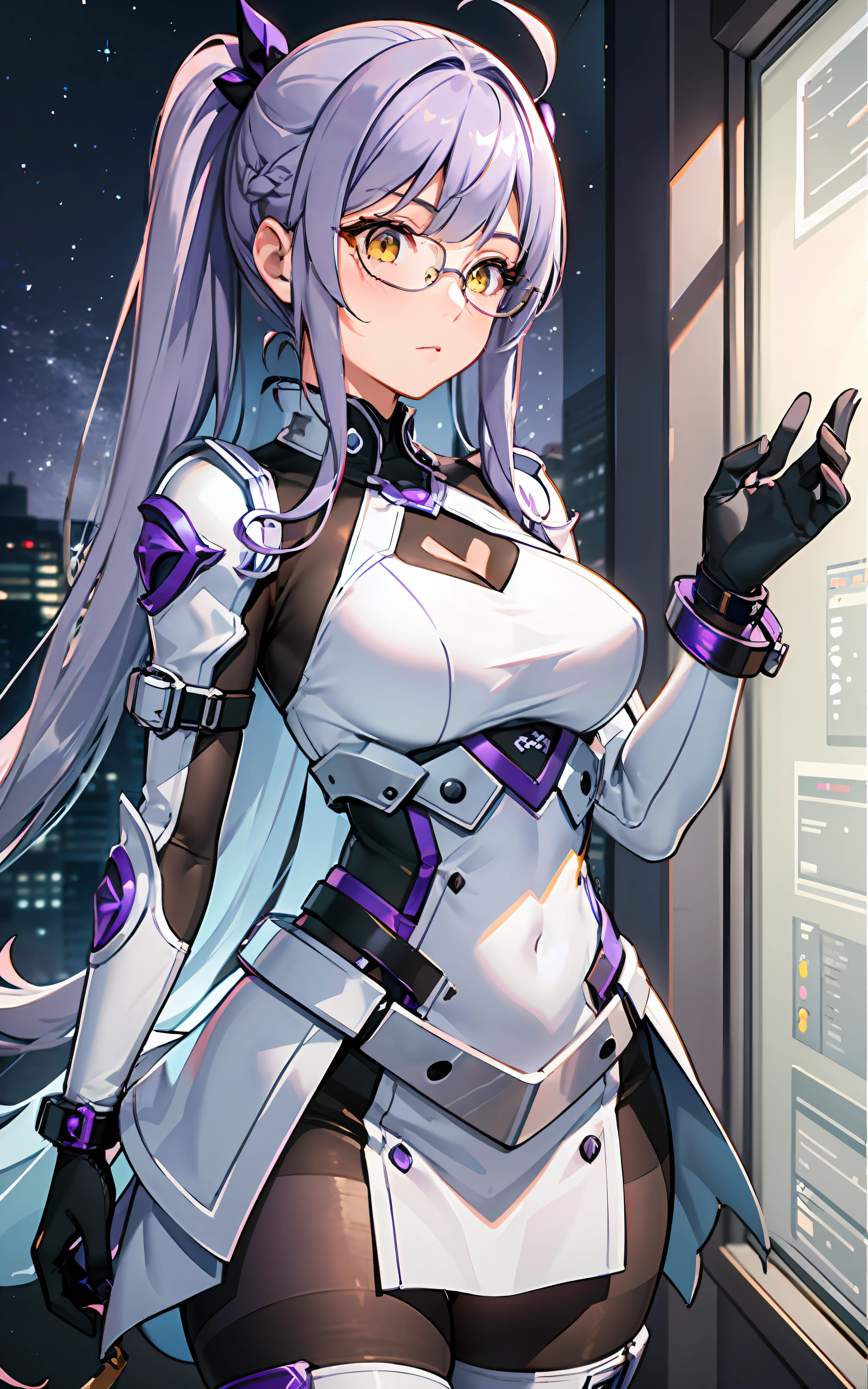 complex anime 3d render ultra detailed, (((masterpiece))), (((best quality))), ((ultra-detailed)),(3D Cartoon rendering),(from side),cinematic light,((single mechanical girl)),({best quality}),(Ultra Fine),(full detail),delicate youthful face,well_developed curves,hourglass_figure,perspective,beautiful_face,high_quality_outfits,futuristic_outfits,silght_blush,full_body,full detail face,protective outfits,Honkai_Impact,scientist,anatomical,Ray Trace;

(purple hair:1.5),indigo hair tips,violet ahoge, (violet drill twintails with hairpin at end),(long fin-shaped mechanial white and violet hairpins,pointing upwards),one long white mechanic triangle tipped head oranment,(silver headband around forehead);(exquisite gem-like yellow eyes:1.6,white cross pupil),yellow goggle eyeglasses

Futuristic dress outfit,armored combat suit,exquisite gadgets,elegant and modest outfits,black long slender sleeves,black arm bracers,white bracelets,black gloves,white tanktop with violet lines,black armored corset,violet traces,v-shaped metalic waistband with four gadget holsters,violet waistband,(white scifi armor skirts,knee-length segmented hems),(black armor tassets),violet knee-length dress,(black and violet pantyhose),golden gartener belt around left leg,silver waistband with gadget holsters,knee bracers;silver mechanic boots,heeled boots; White mechanic backpack on back;

calm expression,vigilat gaze,stretching hands,standing,looking forwards

mechanic room with toolstand,standing in a spaceship,starry sky visble through window (starry sky:1.2),dreamy, [[delicate fingers and hands:0.55]::0.85],(detail fingers),