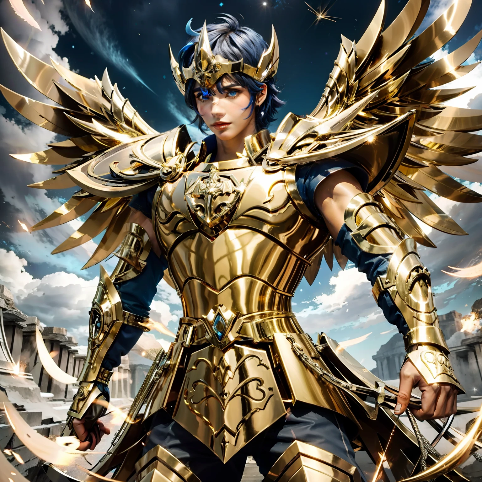 SagittariusArmor, armaduras de ouro, um jovem, armadura, cabelo castanhho, olhos azul, asas longas de ouro, dramatic sky, olhando para o espectador, armadura, Garota nua cabelo curto, boca fechada, parte de cima do corpo, serious, capacete, pouso em campo vazio, (((imagem realista))), (((rosto perfeito))), olhando para o espectador,