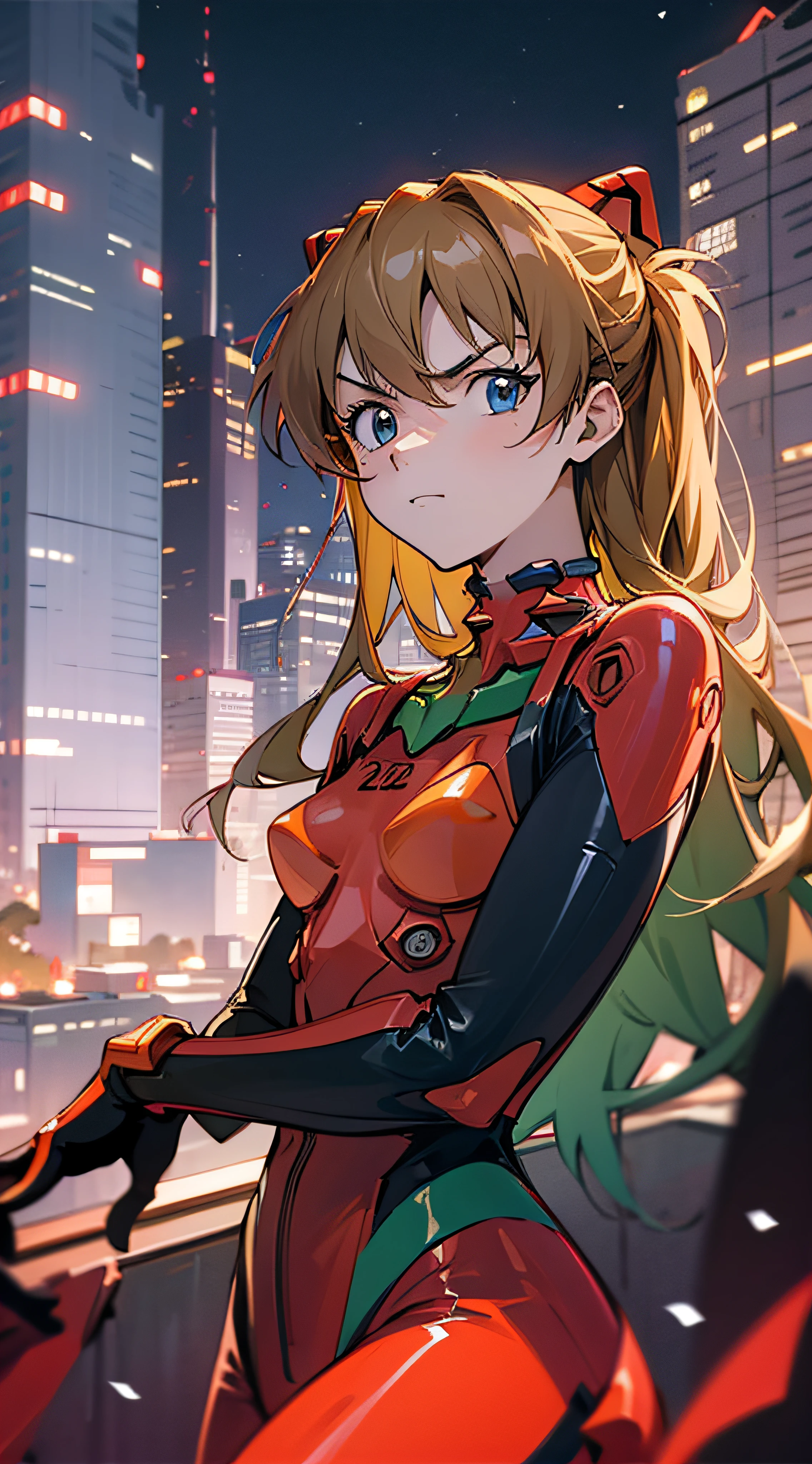 Asuka,1 girl,Driving suits，city ruins，City rooftop side，Twilight，depth offield，yama，Dusk light，yun，8k，Best quality，proud expression，SERIOUS LOOK