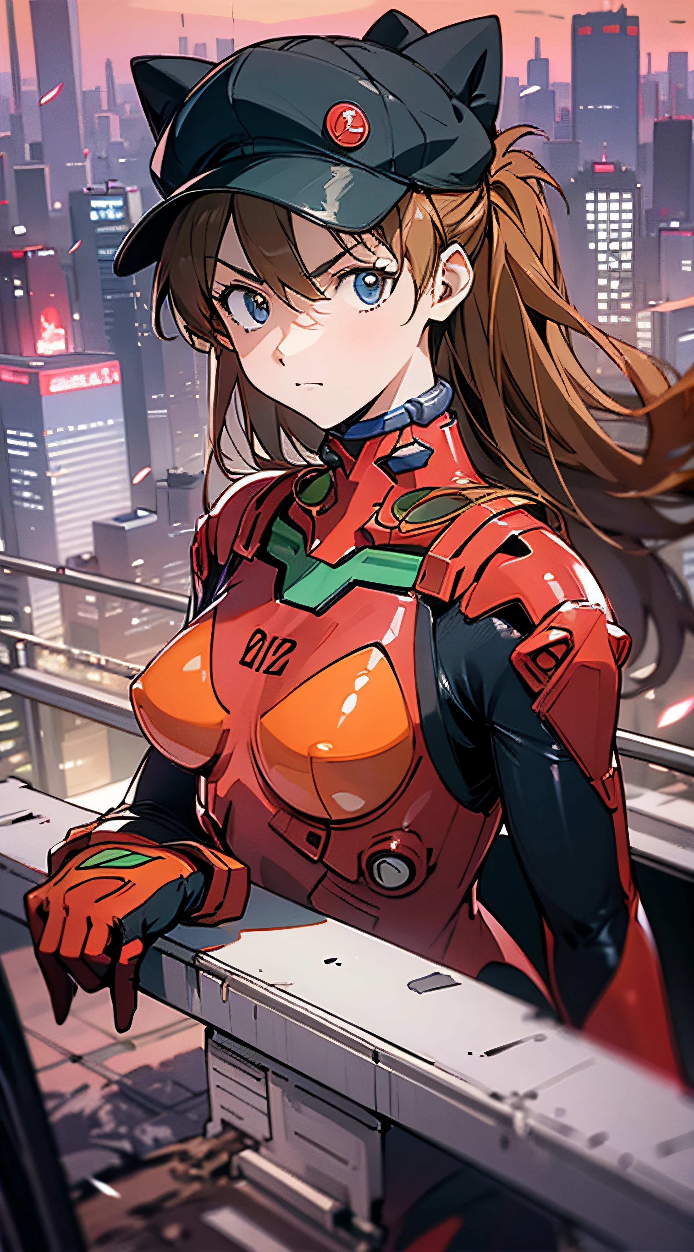 Asuka,1 girl,Driving suits，city ruins，City rooftop side，Twilight，depth offield，yama，Dusk light，yun，8k，Best quality，proud expression，SERIOUS LOOK