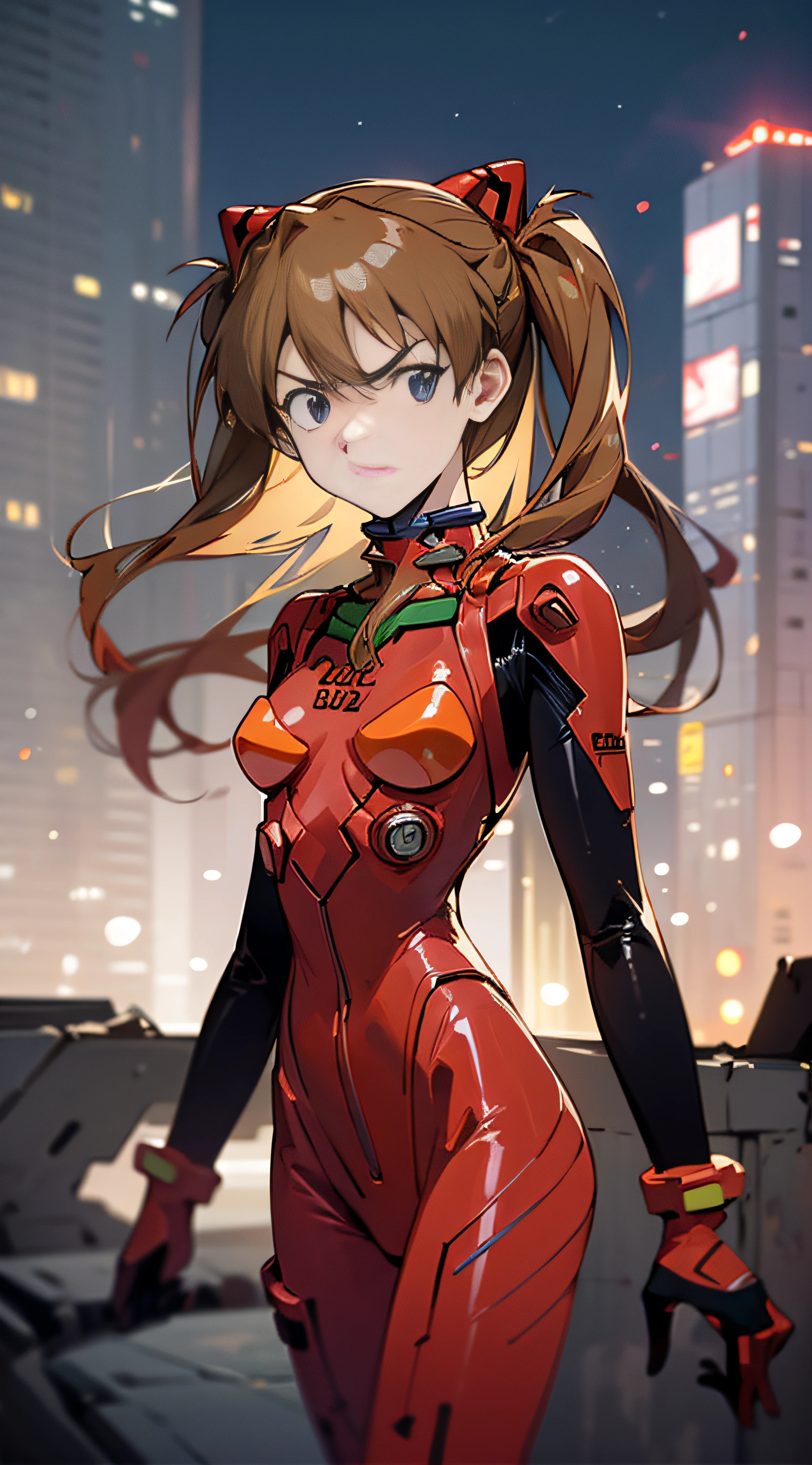 Asuka,1 girl,Driving suits,city ruins,City rooftop side,Twilight,depth offield,yama,Dusk light,yun,8k,Best quality,proud expression,SERIOUS LOOK
