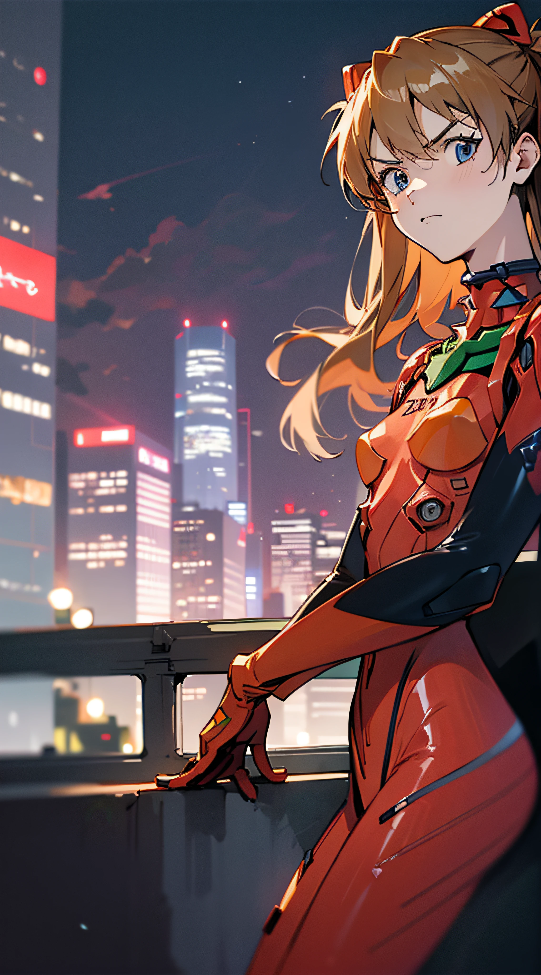 Asuka,1 girl,Driving suits,city ruins,City rooftop side,Twilight,depth offield,yama,Dusk light,yun,8k,Best quality,proud expression,SERIOUS LOOK
