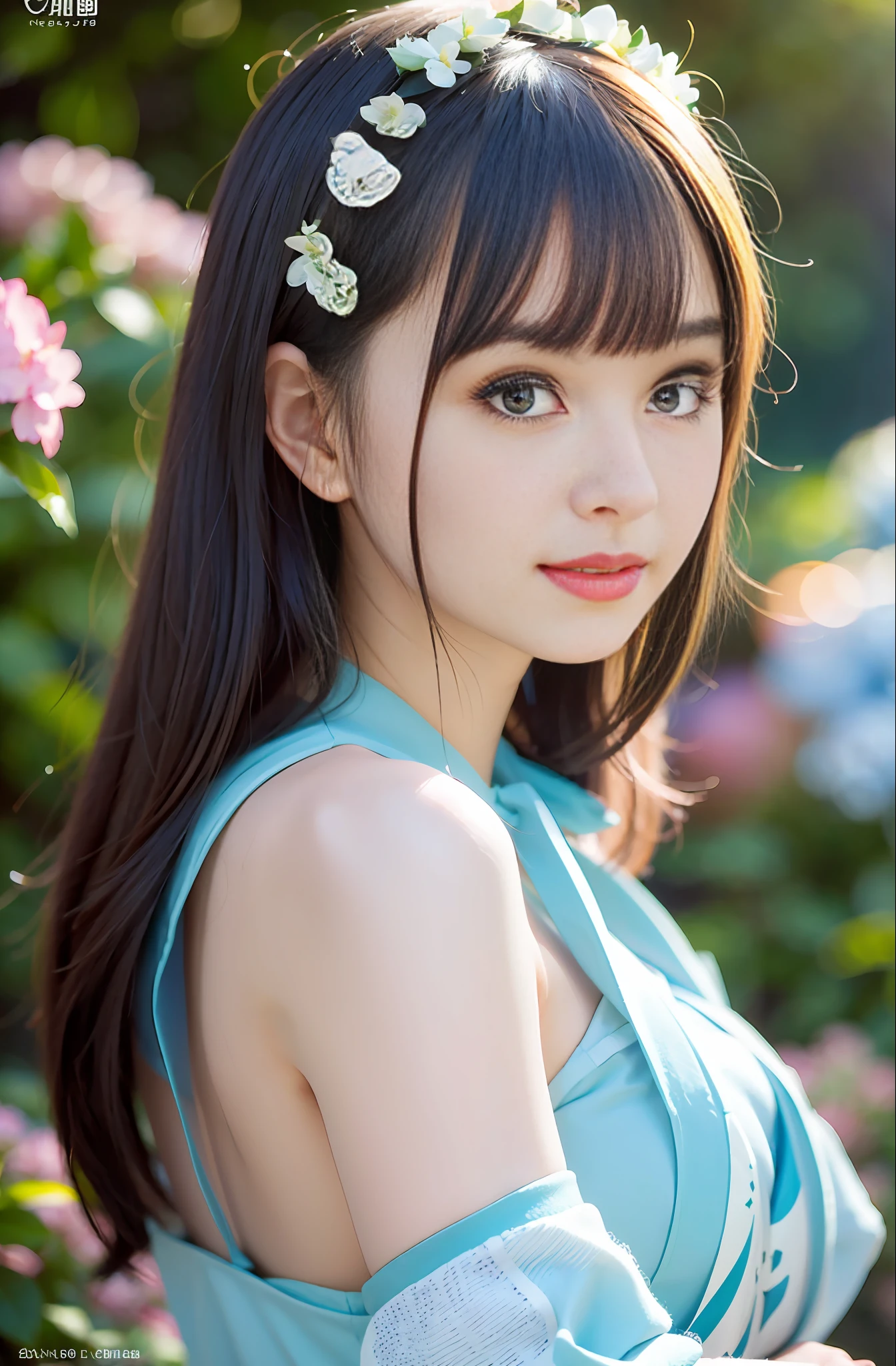 ((((Full body photo))), ((Light blue eyeliner))),((Vignetting(lens flare))),(Wearing china clothes)),((Super Soft Focus)))), Sorrisos, (Profile))))), (Upward)), twilight, taking a shower, colorful hydrangea in the background, Surrounded by hydrangeas, ((soft sunset)), (yinchuan:1.5), master masterpiece,, best best quality, RAW photo of, photorealistic, face、 ,, beautiful girl, cute, bobed hair, (((depth offield、)))), High res, Hyper Detail, Detail, Very Detail, cinematic Lighting