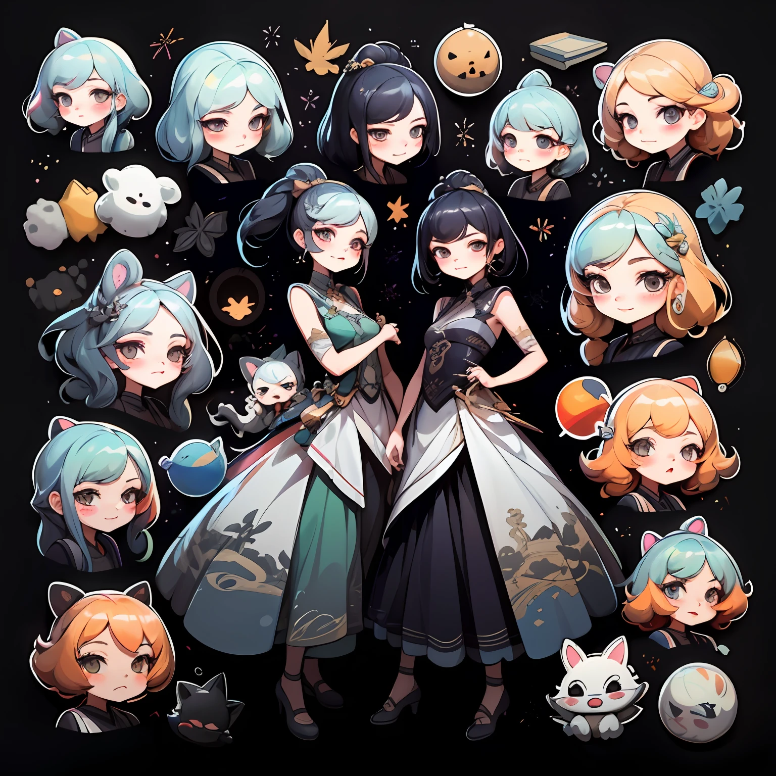 4套美丽的女孩,Character clothing set,Gorgeous costume design for different styles,Detailed realistic professional art masterpiece sticker set,with a black background