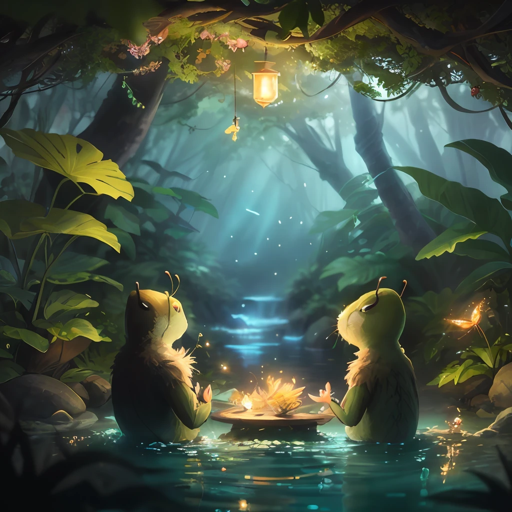 Two anthropomorphic ants sitting in a pond，There is fire in the middle, Relaxing Concept Art, cozy night fireflies, lovely digital painting, magical forest with fireflies, cute detailed digital art, glowing lights! DIGITAL PAINTING, relaxing atmosphere, relaxing environment, fantasy art behance, magical concept art, childrens art in artstation, fantasy matte painting，cute
