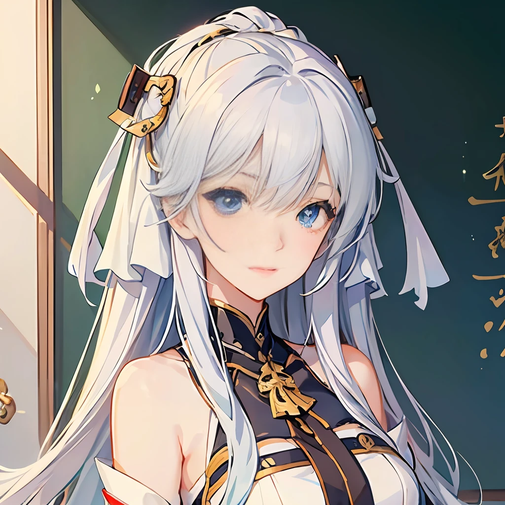 anime girl with long white hair and blue eyes in front of a blackboard, anime moe artstyle, beautiful anime high school girl, perfect white haired girl, anime visual of a cute girl, kantai collection style, extremely cute anime girl face, from the azur lane videogame, girl with white hair, anime best girl, cute anime face, white haired