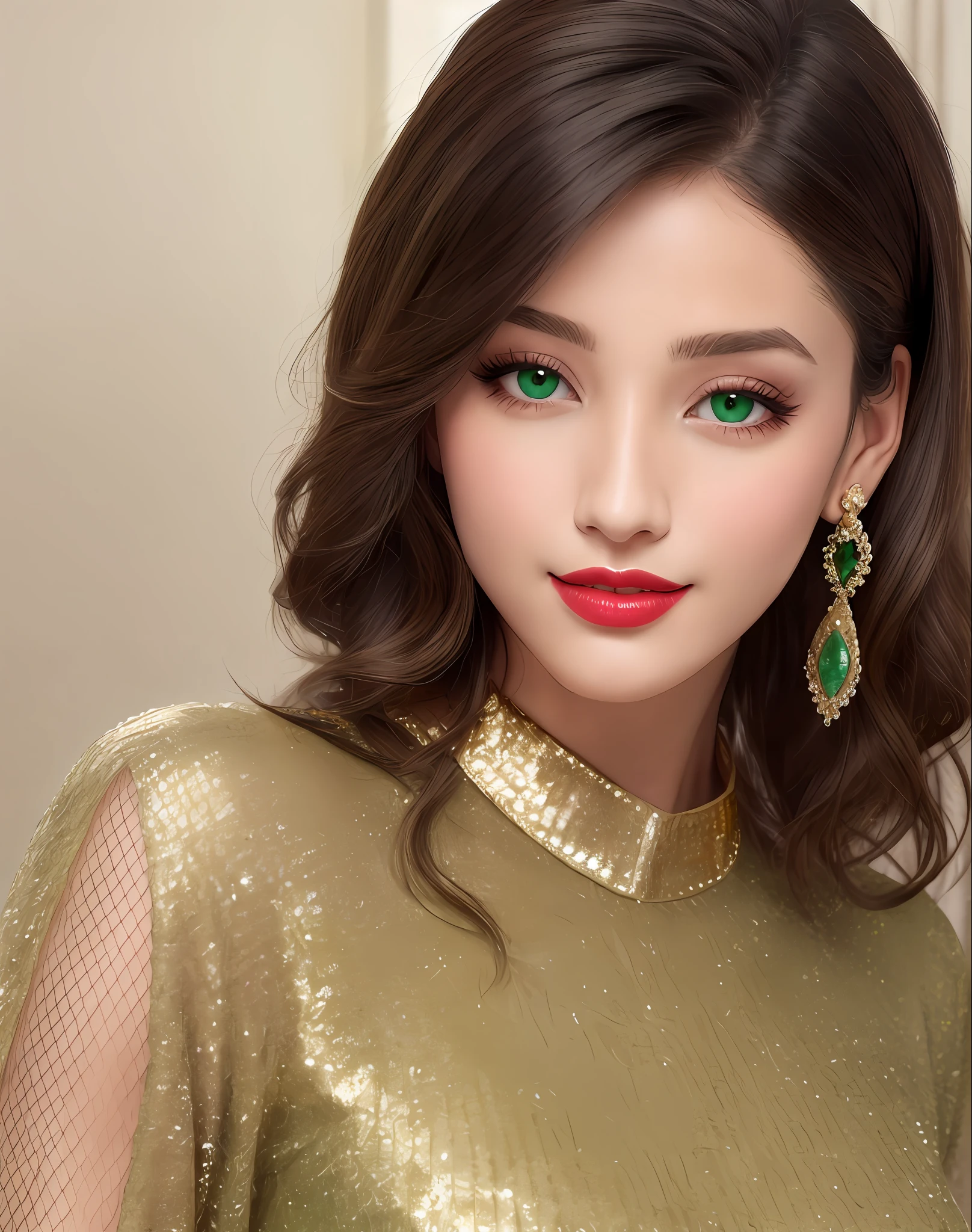 master masterpiece， 4K， Woman wearing Moroccan fishnet tulle tunic， （Beautiful brunette woman：1.2），（Moroccan style：1.2）， （Full-body focus：1.1）， Portraits， high quality art， High res， hdt， Face close up， Green eyes， Puffy lips， Sorrisos， surprised， blushed， Lipstick， Beautifully Drawn Eyes， slick skin， Beautiful woman， gold earring，