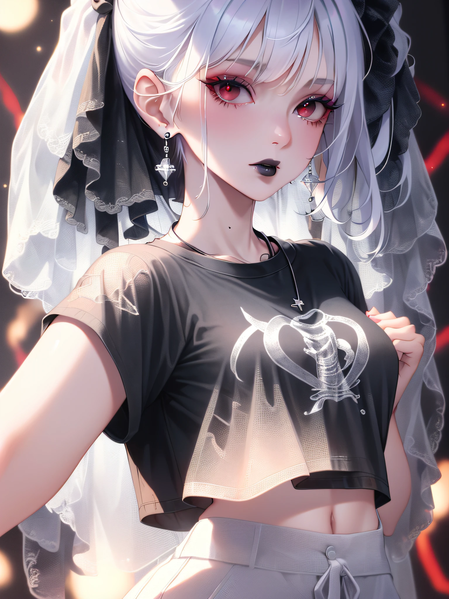 1girl, solo, goth, (black t-shirt:1.3), (t-shirt:1.5), makeup, black lipstick, parted lips, red eyes, white hair, short hair, messy hair, cute, ultra-detailed, illustration, intricate, detailed, extremely detailed, detailed face, soft lighting, soft light, soft focus, perfect face, beautiful, accurate anatomy, overexposure, 8k, 4k, (highres:1.1), best quality, (masterpiece:1.3), simple background, (waist up:1.1), flat chest, earrings, jewelry, necklace, sparkle, glow, (white baggy pants:1.4), (red background:1.5), (from below:0.5)