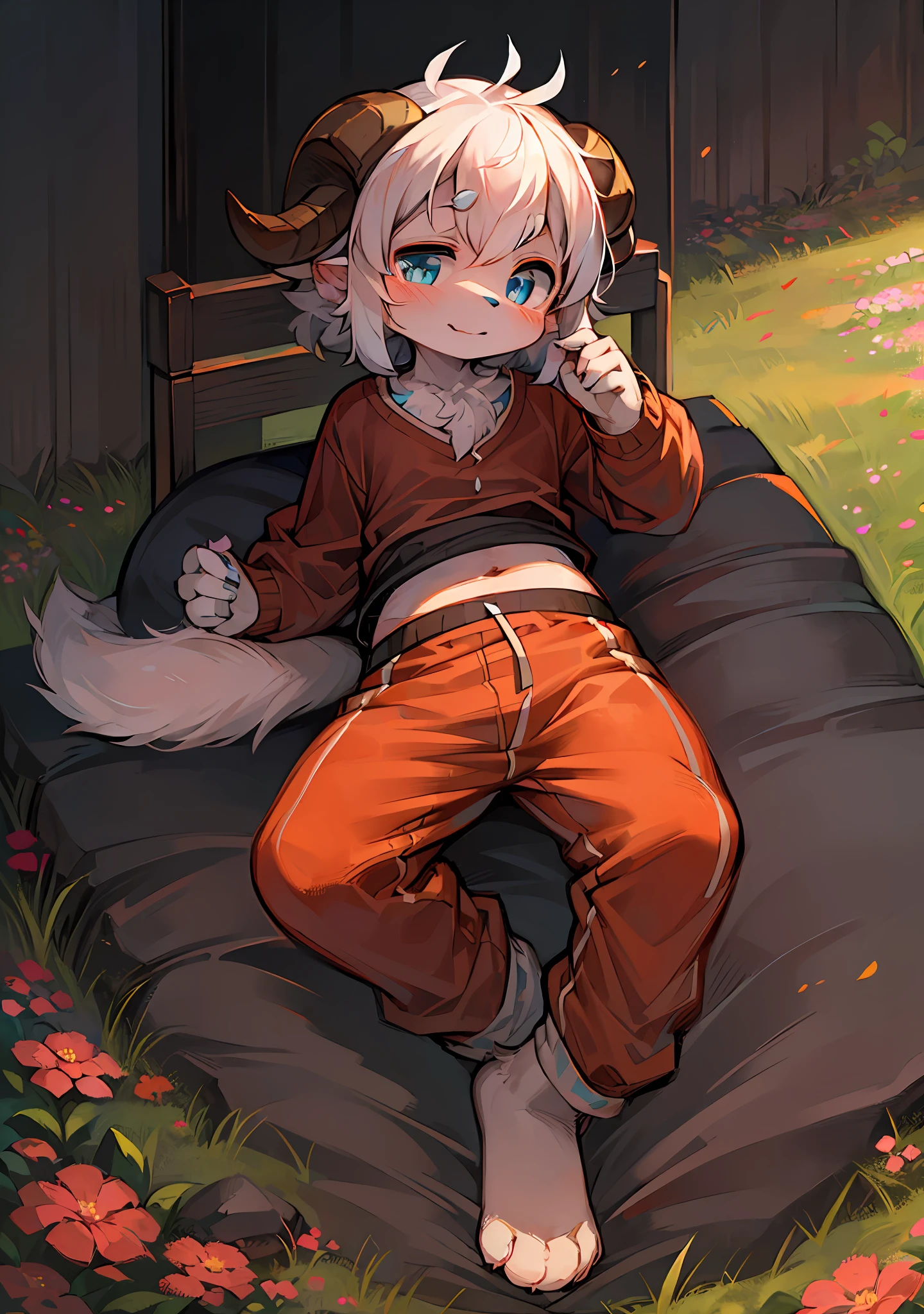 (Dark Environment:0.8),master masterpiece,,highs quality,abstract res,DIGITAL PAINTING\(artworks\), dagasi, Yupa,Kiyoyama,(Anthro,Fluffy Fur,character focus:1.1),Human rams,bobed hair,portrait, , Bright eye, Panoramic View, Character focus.(detailedbackground:0.7), solo, shaggy, Hairy Male, Male focus, anthr,(leisure wear,Full Body Fur, Fluffy tail, white fur, blue eyes, white hair:1.2), (Sheep、Aries、white sox:1.2),(external、Sundown、grass field、Flowers:1.1)
