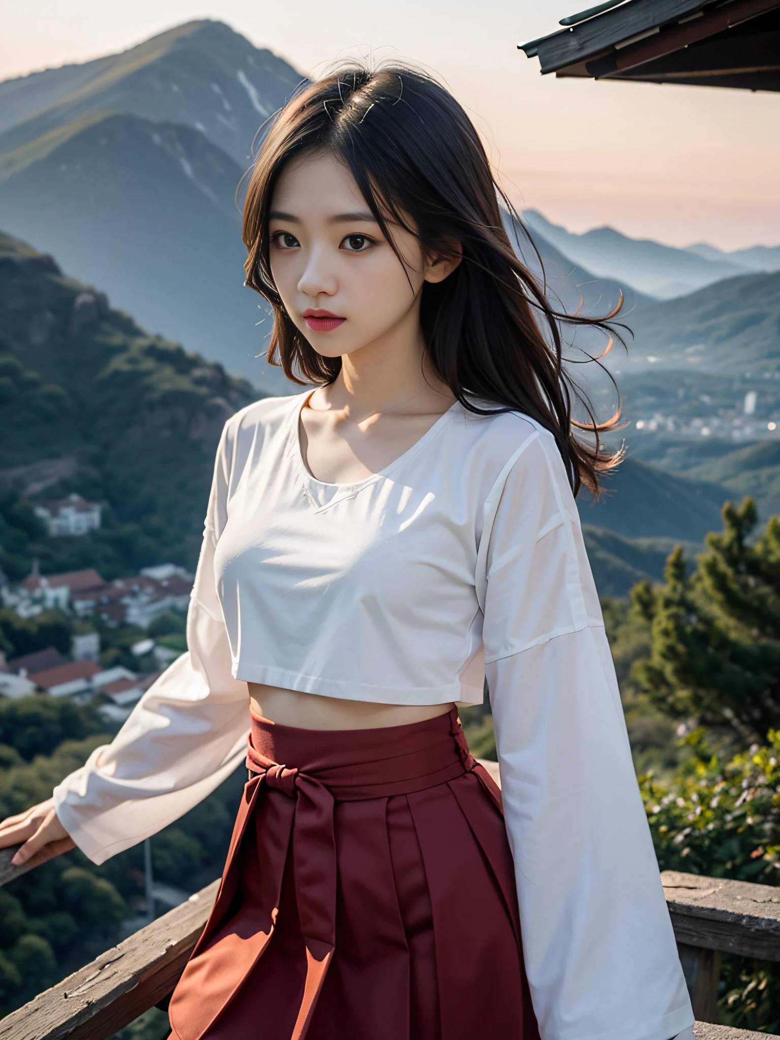 Hyper Quality，master masterpiece，Super high resolution，the whole body，White top、short  miko skirt，Slim body，Smaller bust，slim girl model，24岁女模特，mountain summit，sunset，sideways，Look into the distance。