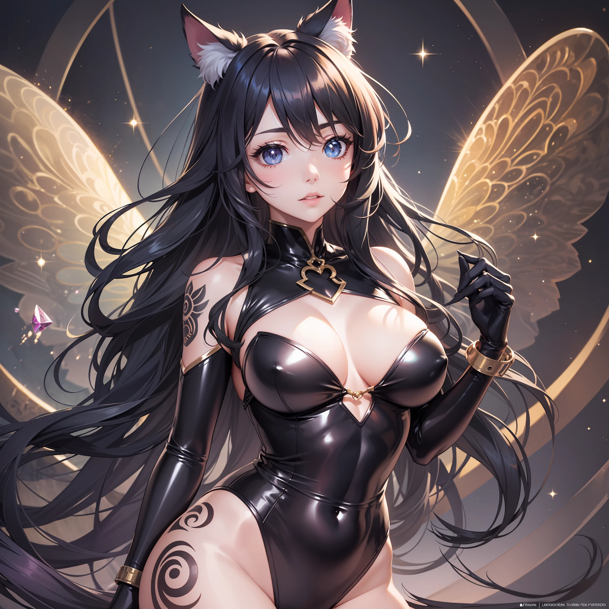 1人の獣女、Very cute cat beast woman、black rubber suit、tattooed、Long Wavy Hair、sparkling gold big eyes、ABS、great proportions、Whole body shot、background kaleidoscope、the anime、illustration、FANTASY、portrait、animification、HIGH DEFINITION、The Highest Quality、extremely high image quality、Super Detailed、ultra Realistic、PHOTOREALISTIC
