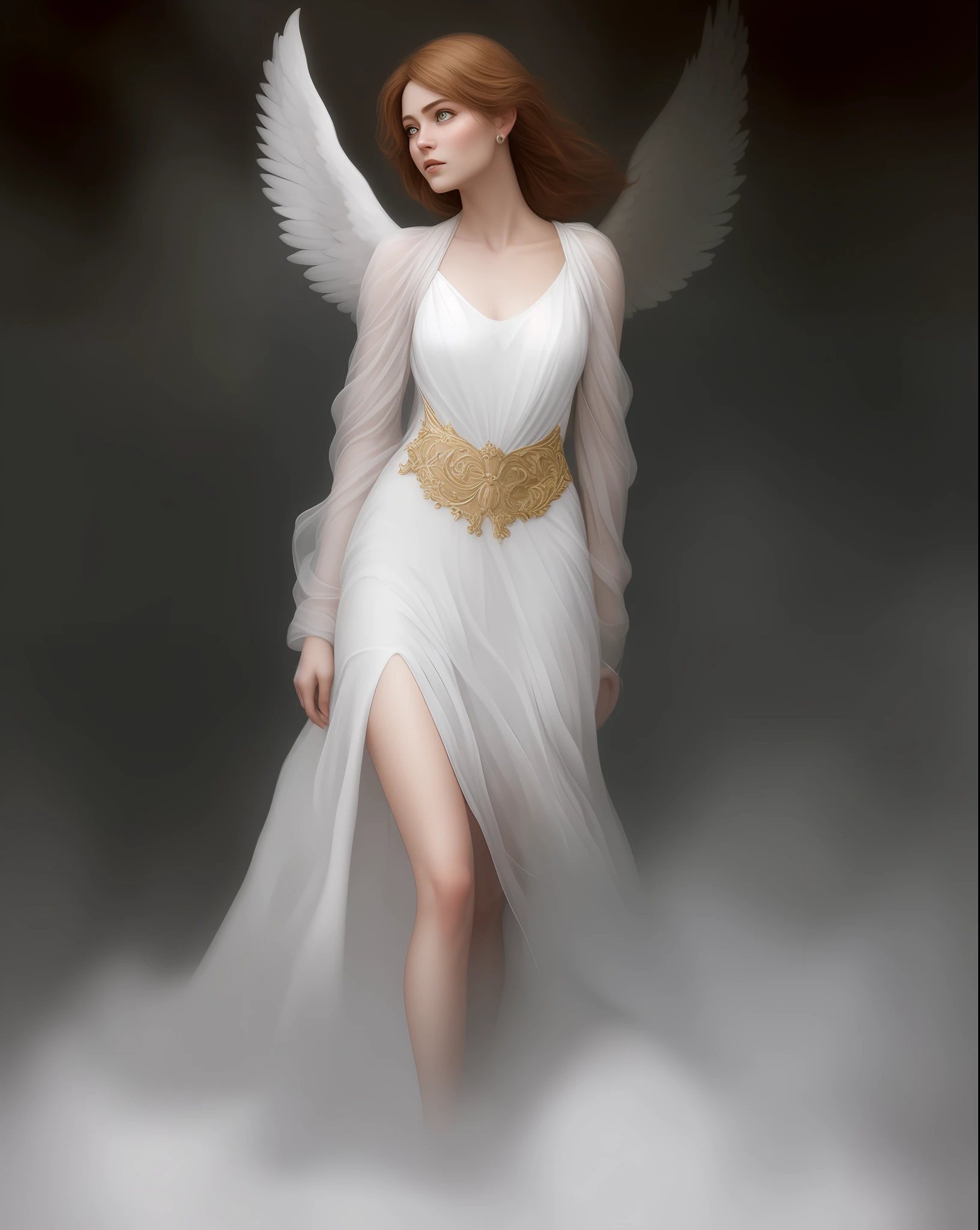 humble angel, fog, fantasy, ultra wide shot, photorealistic, eyes, (pixarstyle:1.2), Helene Knoop, pupils, hypermaximalised, face, detailed skin, ornate dress, beautiful, good anatomy, detailed and intricate, centered, skin pores, subsurface scattering, masterpiece, best quality, sharp focus, absurdres,