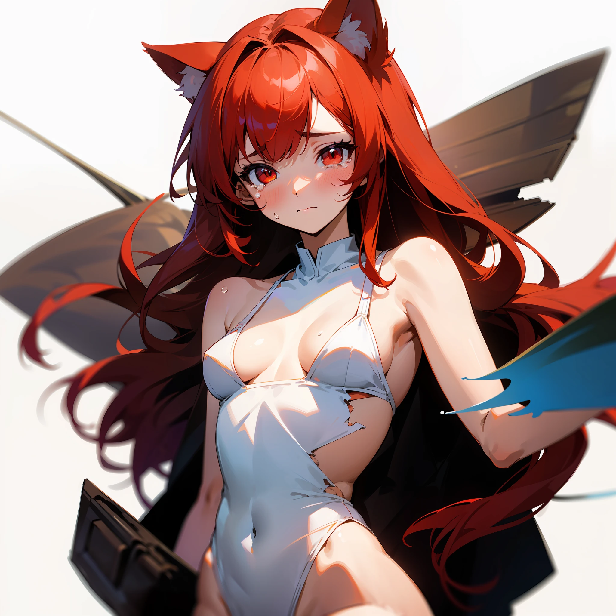 ((master masterpiece))、(((The Highest Quality))、An illustration、One Girl、Hair color、bangs、Hairstyle Fax、eye、Environmental Change Scene、Portrait from the waist up、Pose Jitai、Ladies、Cat Ear、Red hair、Red eyes、slong hair、long hair on left、Extremely small-sized breasts、MICROBIKINI、SLINGSHOT SWIMSUIT、white Swimsuit、Upright posture、ripped clothes、Embarrassed look、shed tears、(simplebackground、WHITE BACKGROUND:1.3)