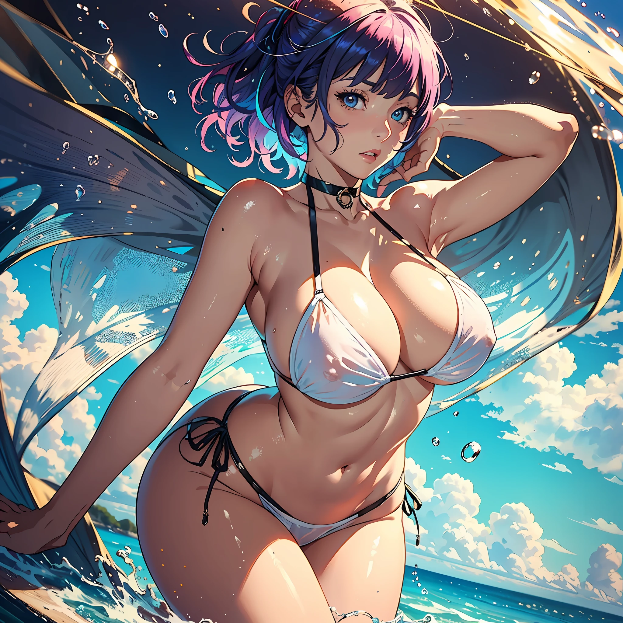 Top Quality, masuterpiece, HIGH DEFINITION, masuterpiece, 8K, highly detaild, Best Illustration, BEAUTIFUL DETAILED EYES, detailed detail, 20-Ladies, Hyper Detail, Perfect Hands, Beautiful Artwork, Master Quality, Best Shadows, Lighting to Highlight Characters, Realistic Face Details, Realism, 3D Face, Floating Nipples
masterpiece, The Highest Quality, colourful hair, 1girl, bangs, Very short hair, huge boobs, erect, summer day background, Milf, facing towards the viewer, legs open, string bikini, (White transparent slingshot swimsuit), little clothes