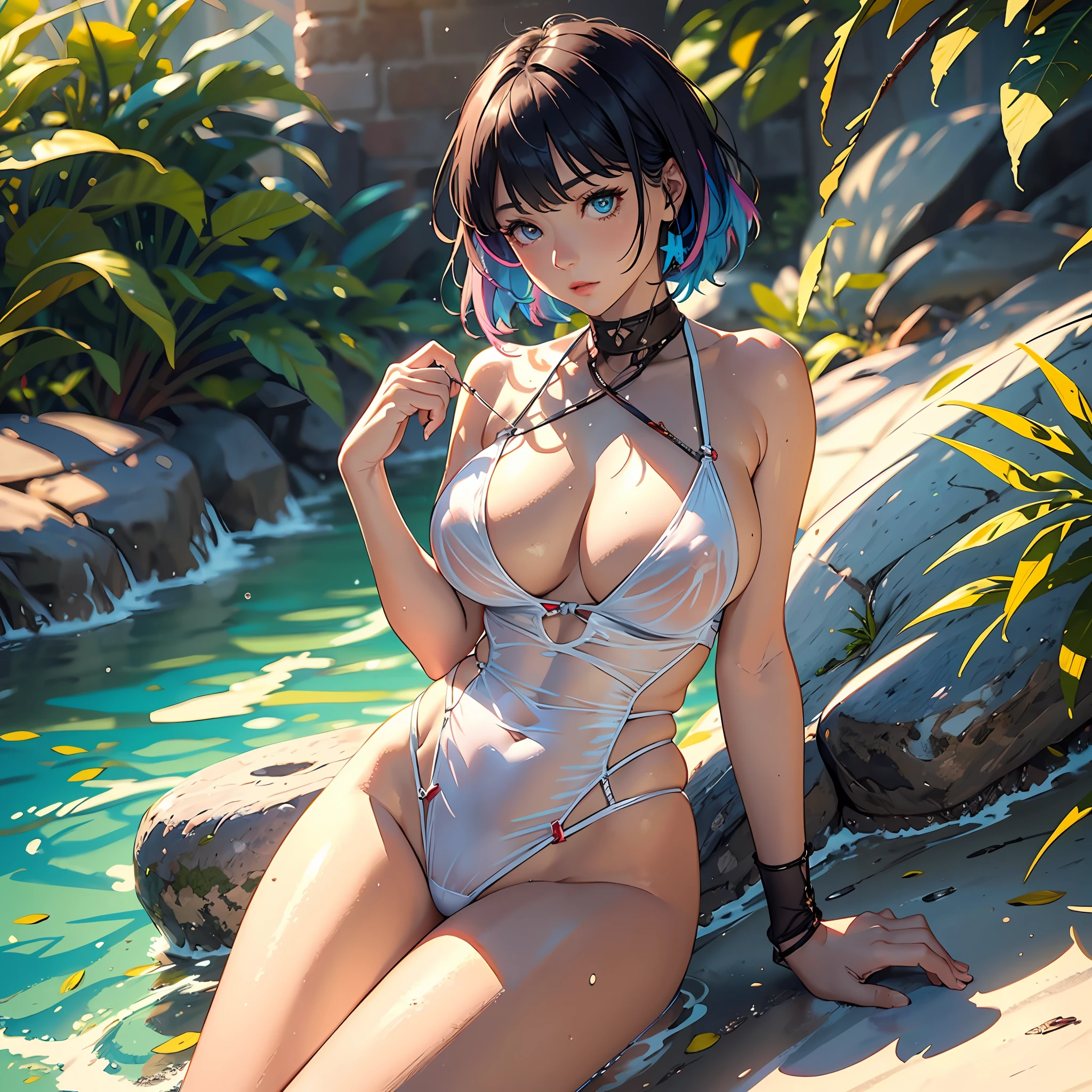 Top Quality, masuterpiece, HIGH DEFINITION, masuterpiece, 8K, highly detaild, Best Illustration, BEAUTIFUL DETAILED EYES, detailed detail, 20-Ladies, Hyper Detail, Perfect Hands, Beautiful Artwork, Master Quality, Best Shadows, Lighting to Highlight Characters, Realistic Face Details, Realism, 3D Face, Floating Nipples
masterpiece, The Highest Quality, colourful hair, 1girl, bangs, SHORT hair, huge boobs, erect, summer day background, Milf, facing towards the viewer, legs open, string bikini, (White transparent slingshot swimsuit), little clothes