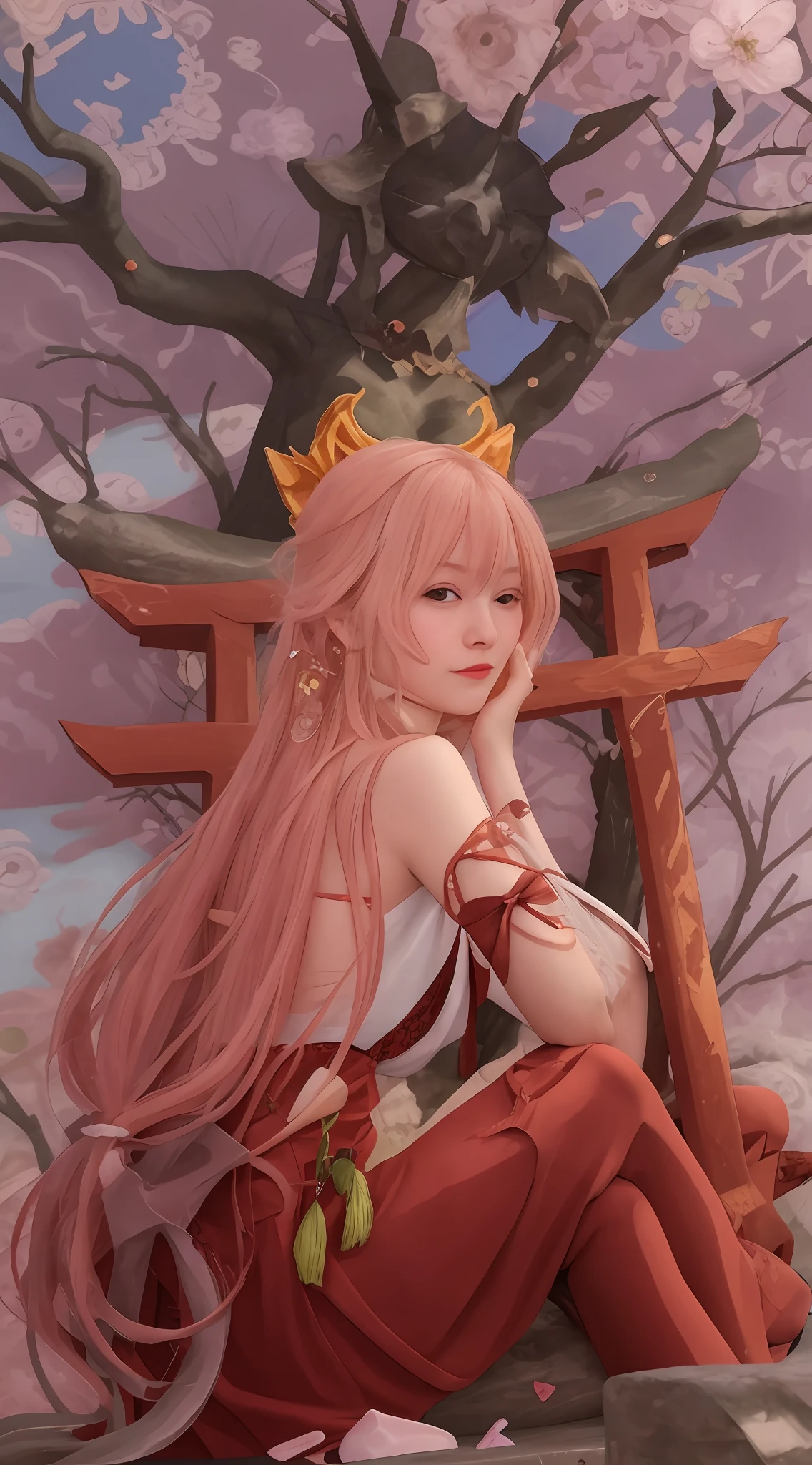 Girl sitting under a cherry blossom tree，There are red gates, goddesses, 《genshinimpact》Yae Miko, 3D，COSER，Pink fox ears，best anime 4k konachan wallpaper，Real world，Real person，mesmerizing，Realistic style