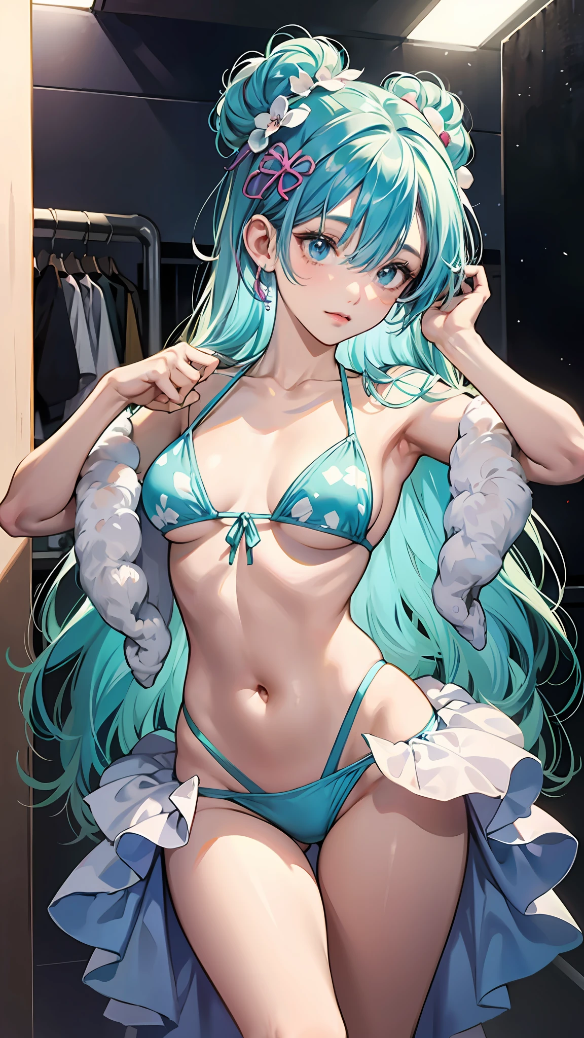 sticker design of rem (re zero) in a changing room, 90's style anime, trying on alien fluorescent jelly bikini, jellycore, shaved legs, pinup, alluring, uplight, in the style of Hayao Miyazaki.   5 --auto --s2