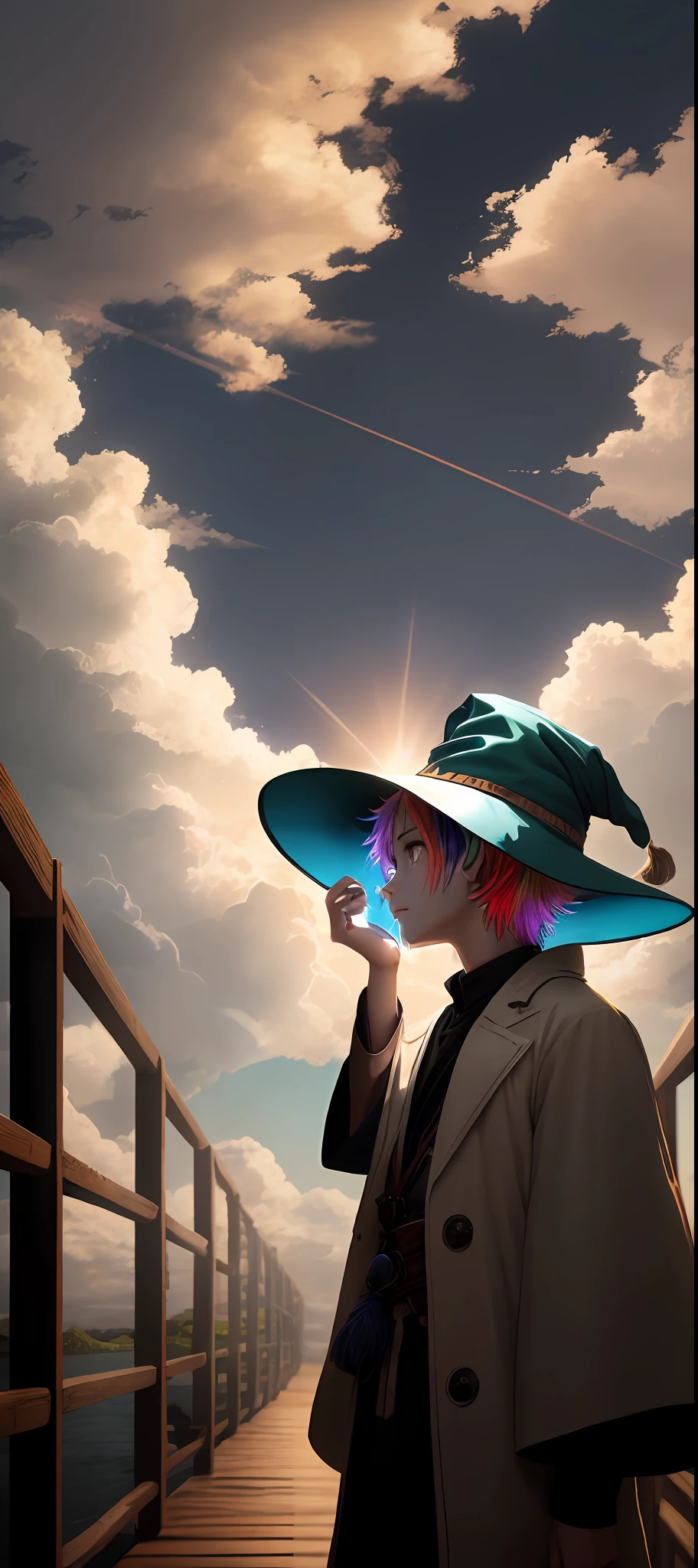 a young boy,Stand on a wooden bridge, looking up to the sky, look into the distance,with clouds in the sky, visible sky and humid atmosphere, perspective sky, Dramatic clouds, beautiful,Dreamlike,fairytale,multicolored hair, gradient hair, wizard hat, anime, backlighting, vignetting, fading border, outside border, close-up, multiple views, lens flare, f/4.0, best quality