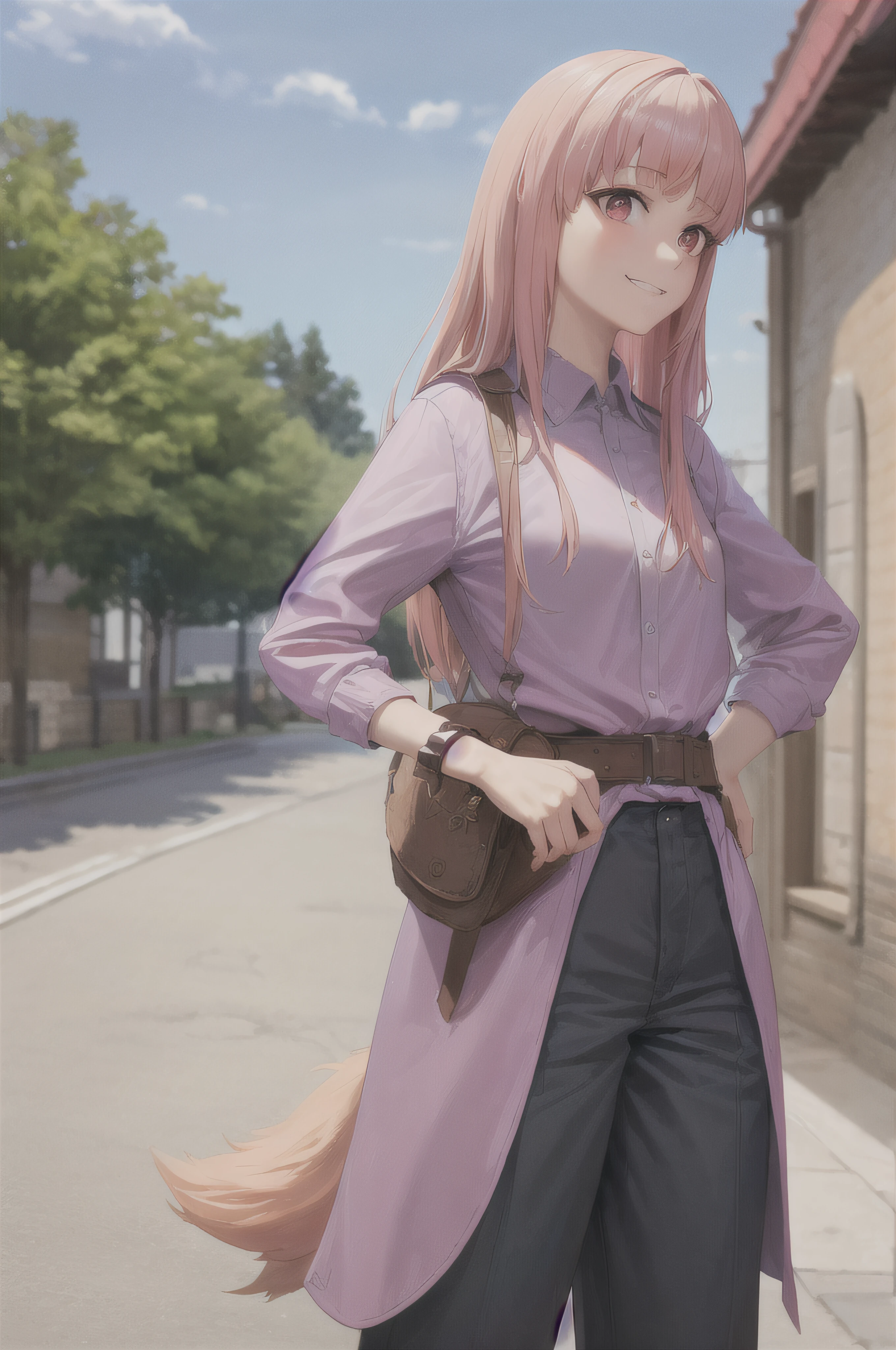 (holo:1.5), (holoPinkShirt:1.5), masterpiece, best quality, absurdres, 1girl, looking at viewer, standing, cowboy shot, outdoors, medieval, cobblestone street, town, hands on hips, pouch, sash, black pants, smile, orange hair, red eyes, wolf tail, wolf ears