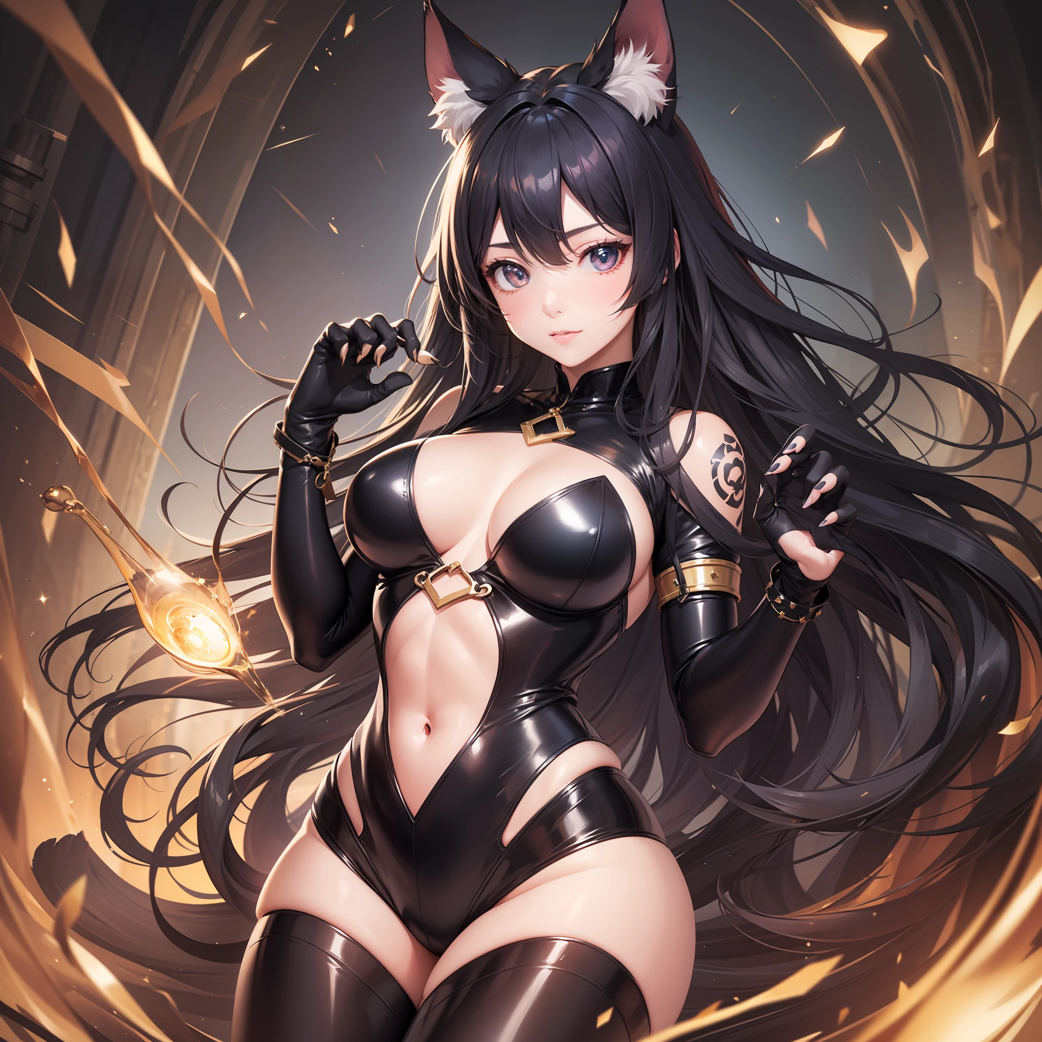 1人の獣女、Very cute cat beast woman、claw pose、black rubber suit、tattooed、Long Wavy Hair、sparkling gold big eyes、ABS、great proportions、Whole body shot、background kaleidoscope、the anime、illustration、FANTASY、portrait、animification、HIGH DEFINITION、The Highest Quality、extremely high image quality、Super Detailed、ultra Realistic、PHOTOREALISTIC