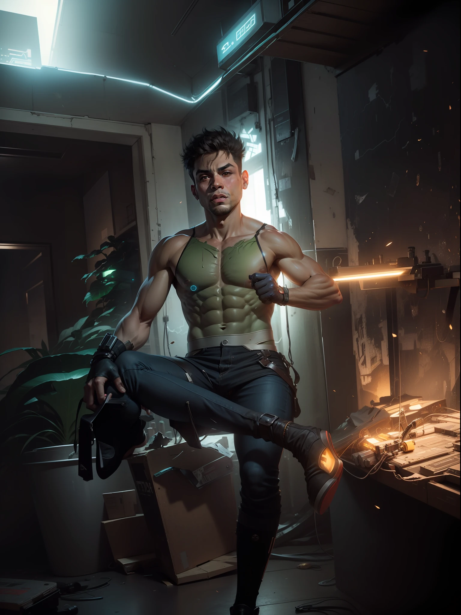 Change background cyberpunk handsame boy, realistic face, hulk body ,8k, ultra realistic
