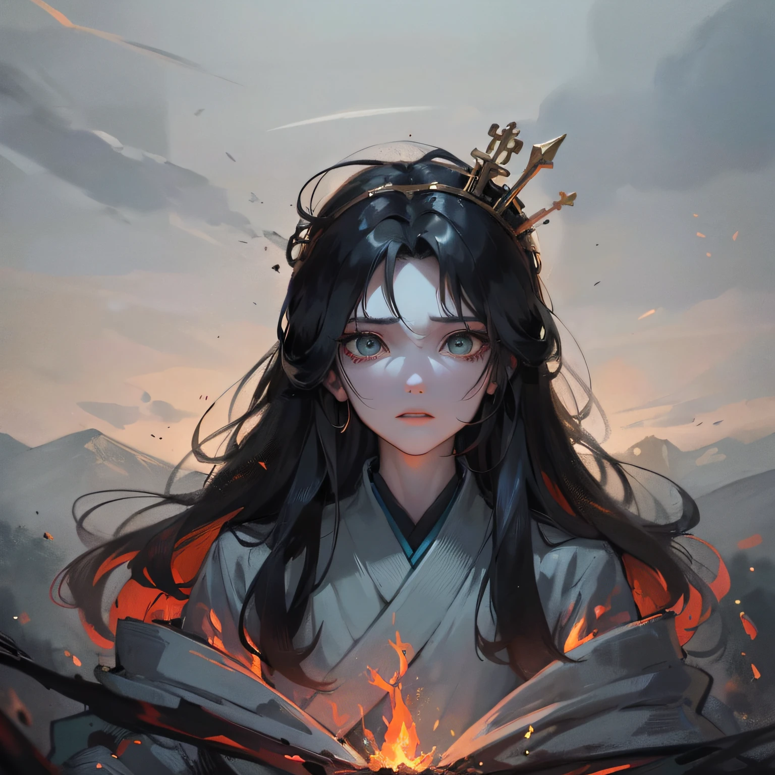 Background image: Gojogahara,field,flames of war,soot,firelight,The hills,desolated,desolation,dead tree,brushwood,Rundown
Zhuge Liang image: Sick,pale,exhaustion,toil,Worrying,Thin,Robe,Taoist robe,royal crown
Emotional atmosphere: sad,dreariness,repression,cool tones,Graycolor,blue color,Dark green,wisdom,contemplative,Reluctantly,lonely,Grief
Light system: Soft light,hazy,Oblique shot,Presence,Strength and weakness change,bleak