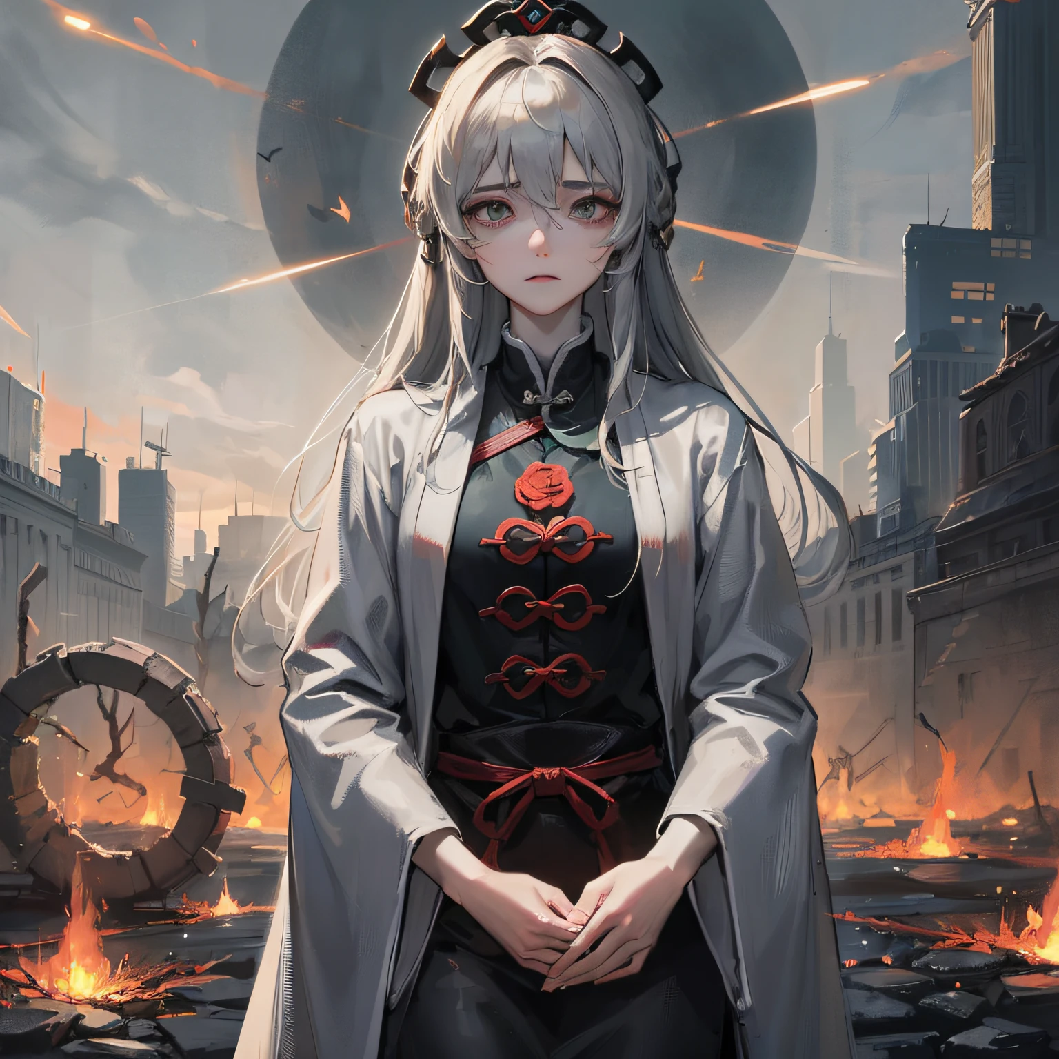 Background image: Gojogahara，field，flames of war，soot，firelight，The hills，desolated，desolation，dead tree，brushwood，Rundown

Zhuge Liang image: Sick，pale，exhaustion，toil，Worrying，Thin，Robe，Taoist robe，royal crown

Emotional atmosphere: sad，dreariness，repression，cool tones，Graycolor，blue color，Dark green，wisdom，contemplative，Reluctantly，lonely，Grief

Light system: Soft light，hazy，Oblique shot，Presence，Strength and weakness change，bleak