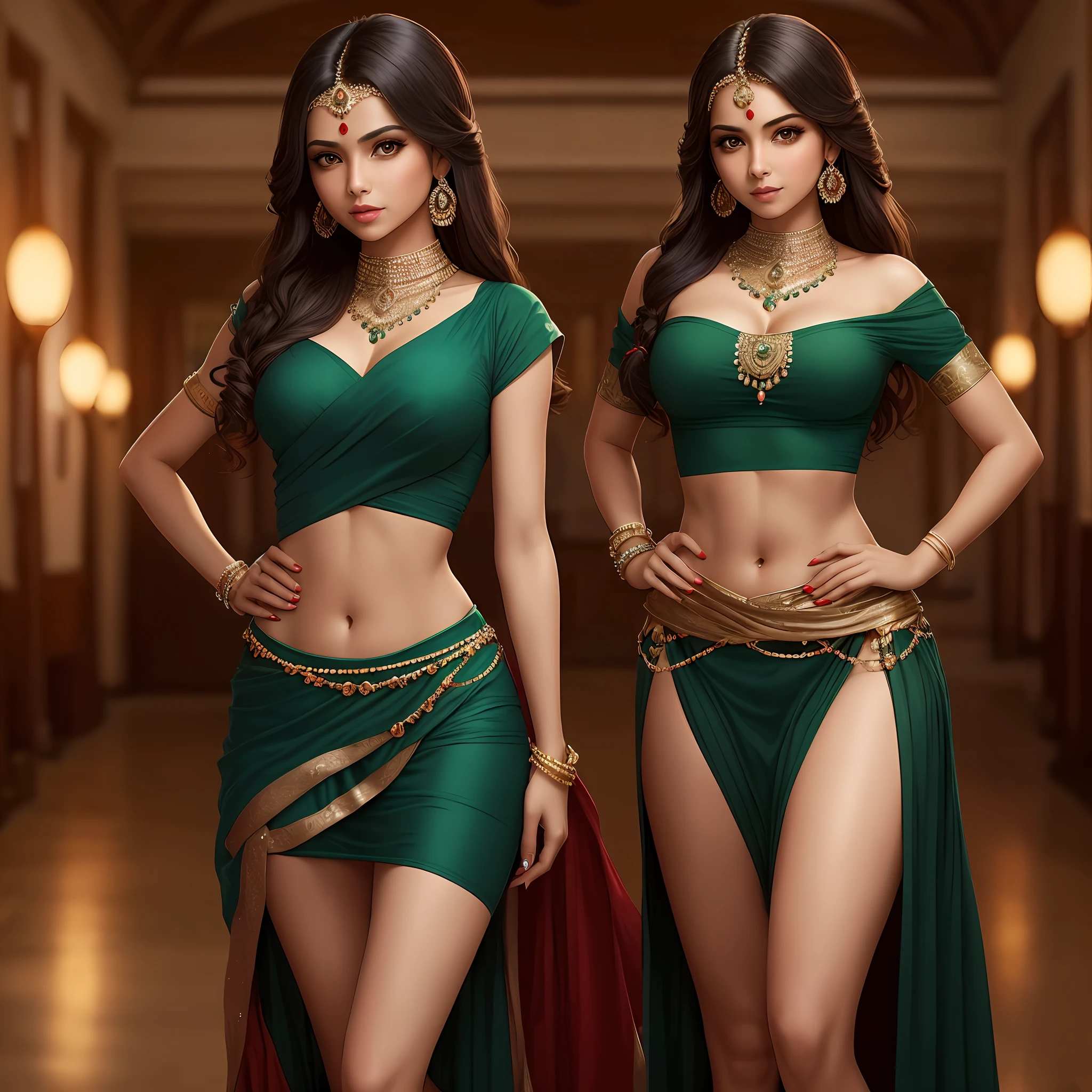 "Indian princess with an exposed midriff and long legs, adorned with exquisite jewelry. She wears a dark green dress and is depicted in a school setting. Strike a sexy pose." --auto