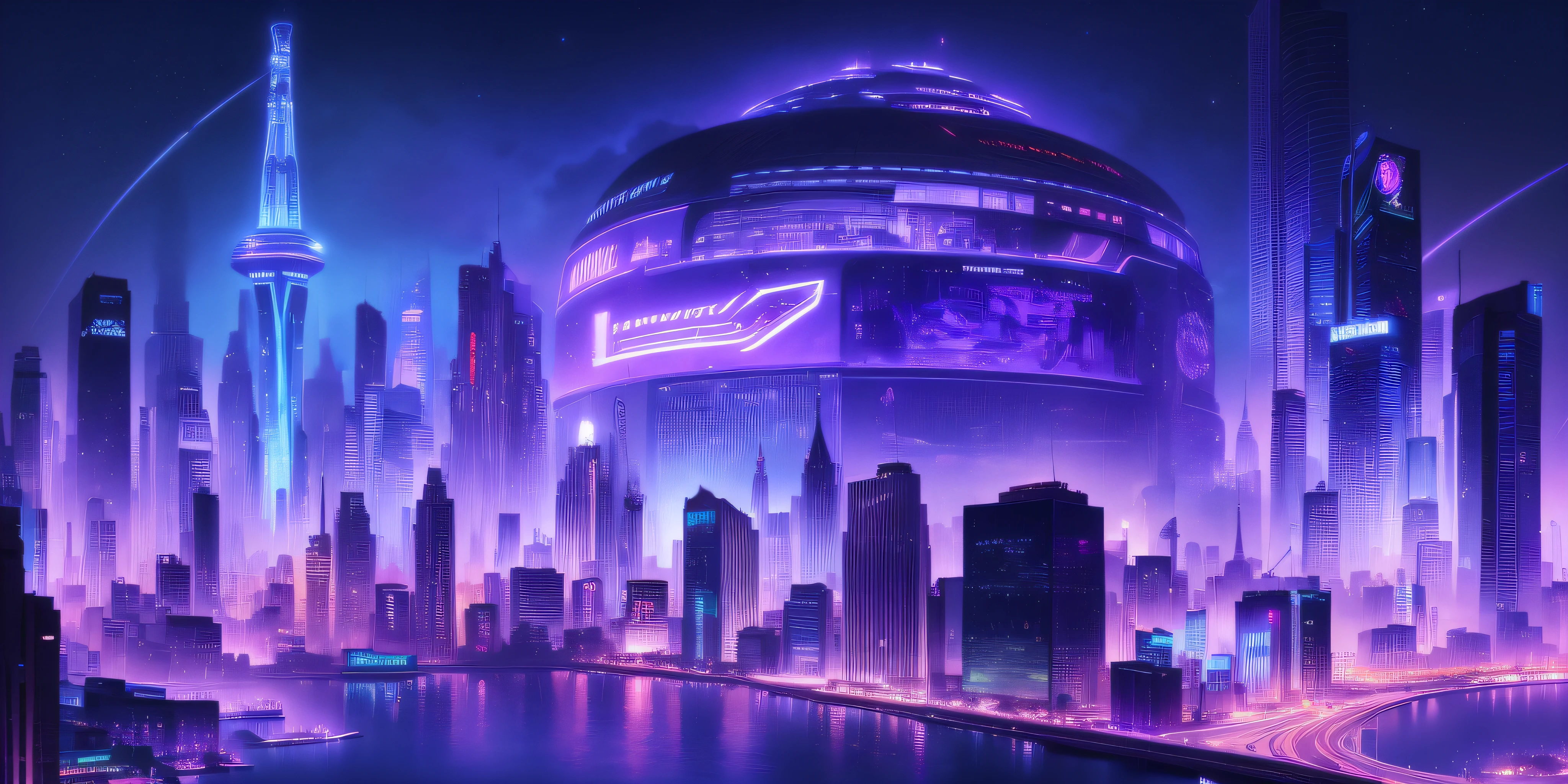 Cyberpunk cities, futurism, skyscrapers, flying cars, casinos, neon lights, LED lights, giant crystal palaces, futuristic technology, rivers, docks, spaceships, domes, night sky, stars, shooting stars.