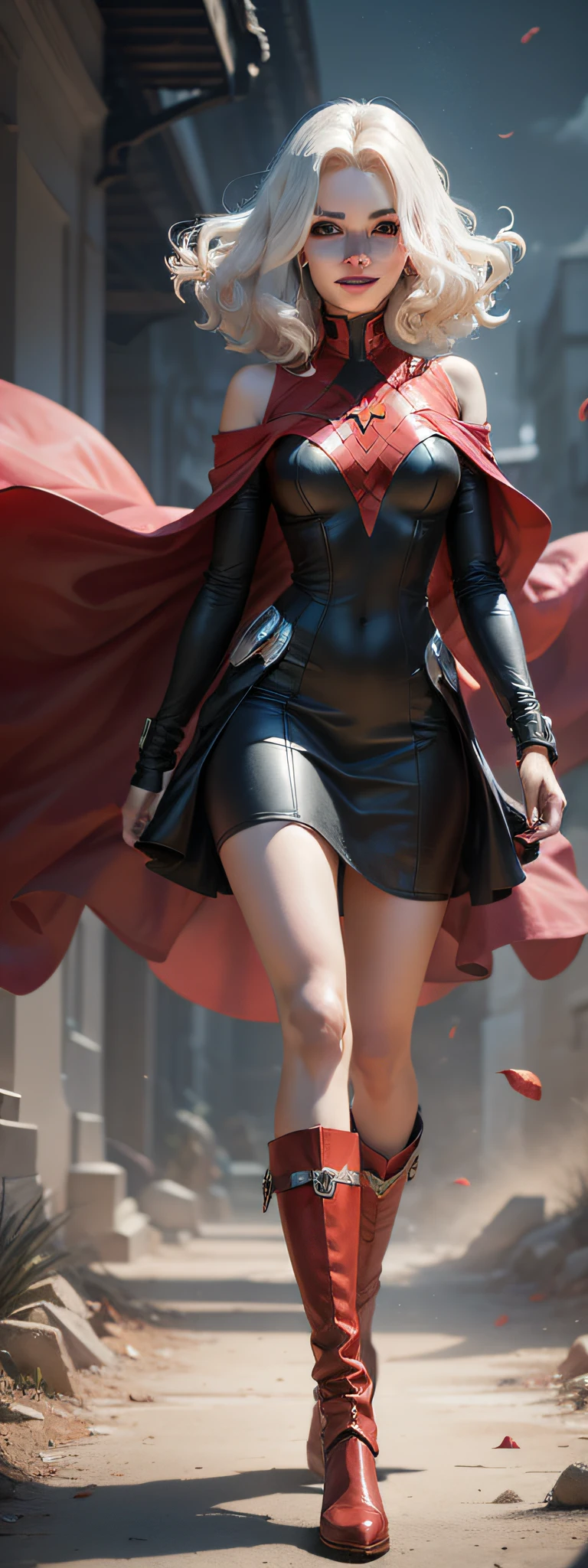 1 mujer, capa roja y botas negras, cabello blanco grande, sad cerulean eyes, labios negros, sonrisa espeluznante, Dark Phoenix Gem, pale blue skin --auto