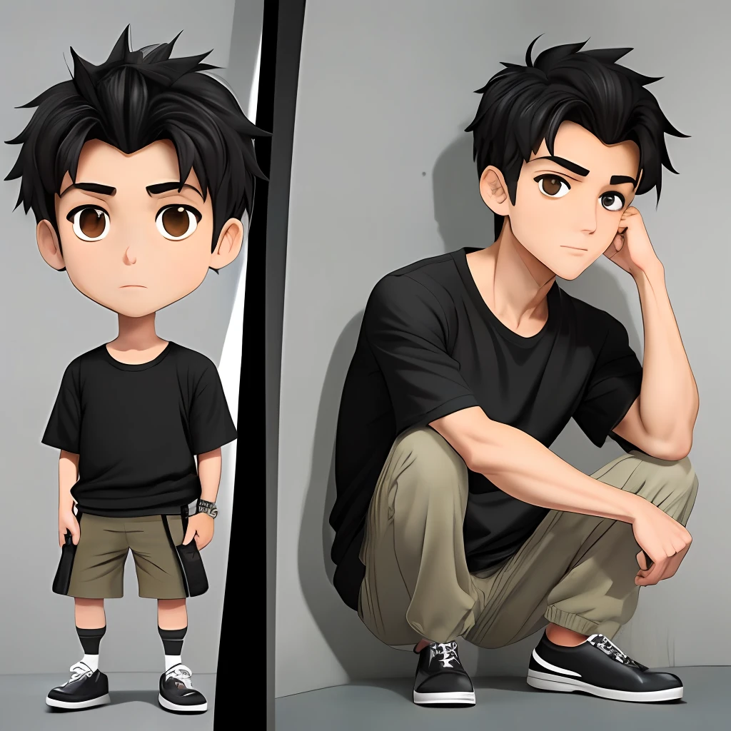 a male character model, children's book illustration style, character sheet, white background, charming chibi, (50 year old Hikari man), ordinary body, tall, short black hair, bright brown eyes, thin beard, wearing gray T-shirt, jean shorts, leather slippers, standing