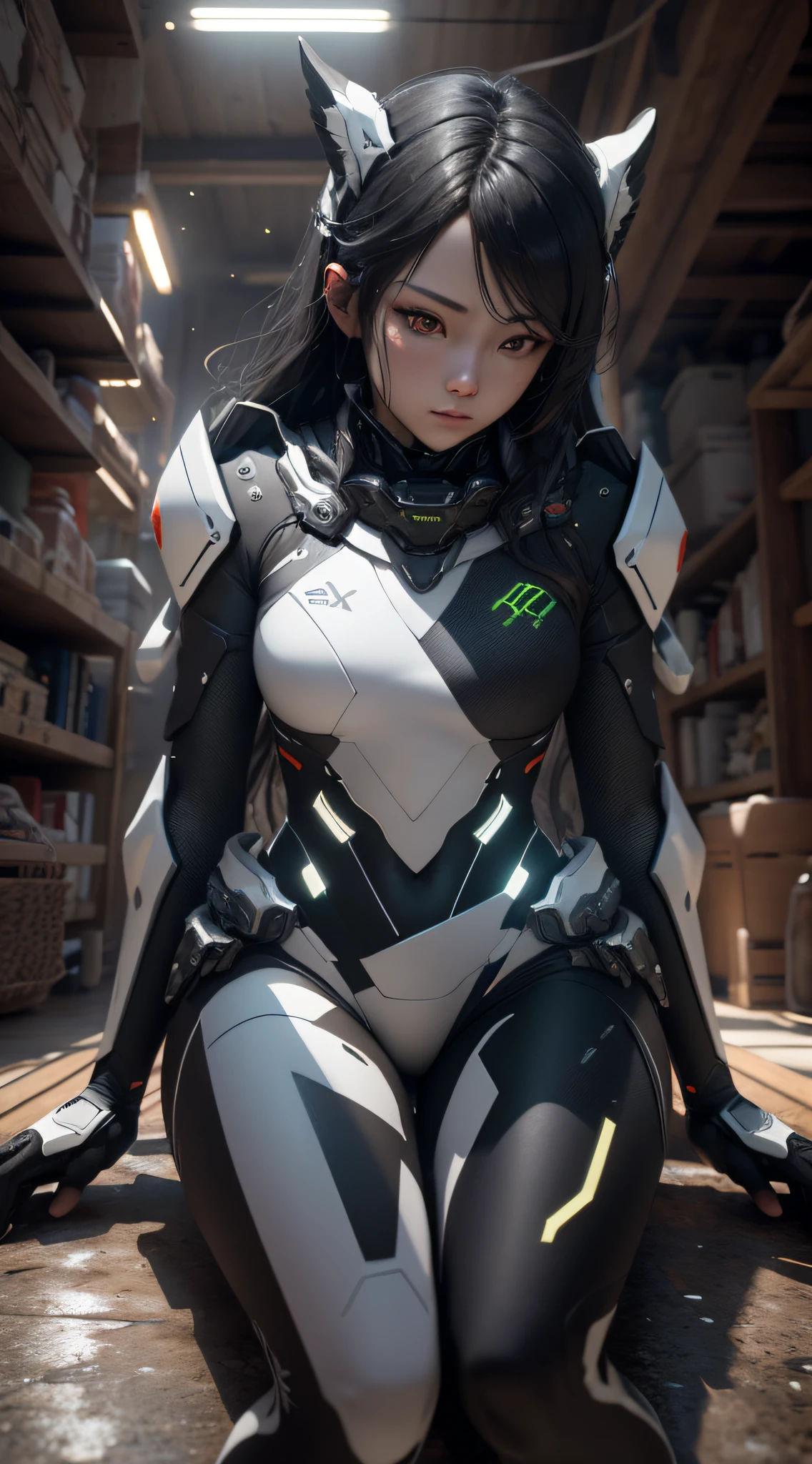 A girl sitting in a sci-fi world, (sits:1.4), (Thick stature:1.4), (Perfect Scale:1.4), (gold long hair:1.4), Red Eyes, HDR(high dynamic range), raytraced, nvidia rtx, Ultra Resolution, 虚幻5, Subsurface scattering, pbr texturing, Post-working, anisotropic filtering, depth offield ,maximum clarity and sharpness, multilayer textures, Albedo and Specular map, Surface coloring, Accurate simulation of photo-Material Interaction, octanerendering、two-tone illumination、Low ISO、white balance、trichotomy、large aperture、8K RAW、efficient subpixel、Subpixel Convolution、(glowing particles:1.4)、{{master masterpiece、best best quality、Extremely detailed CG、Unity 8k 壁纸、3D、cinematic Lighting、Lens glare}}、(skintight:1.1