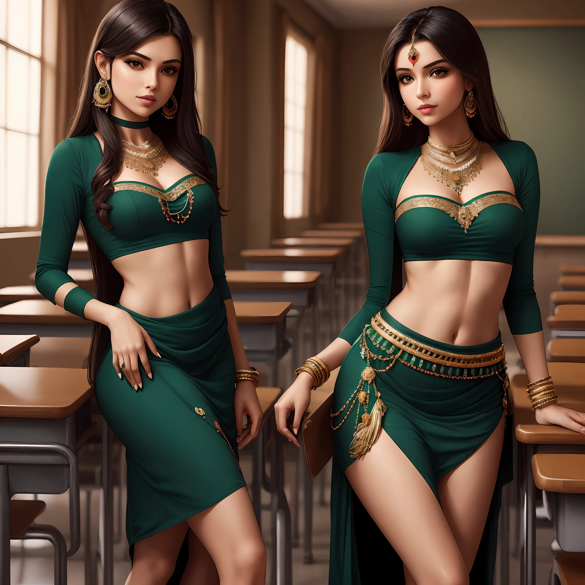 "Indian princess with an exposed midriff and long legs, adorned with exquisite jewelry. She wears a dark green dress and is depicted in a school setting. Strike a sexy pose." --auto