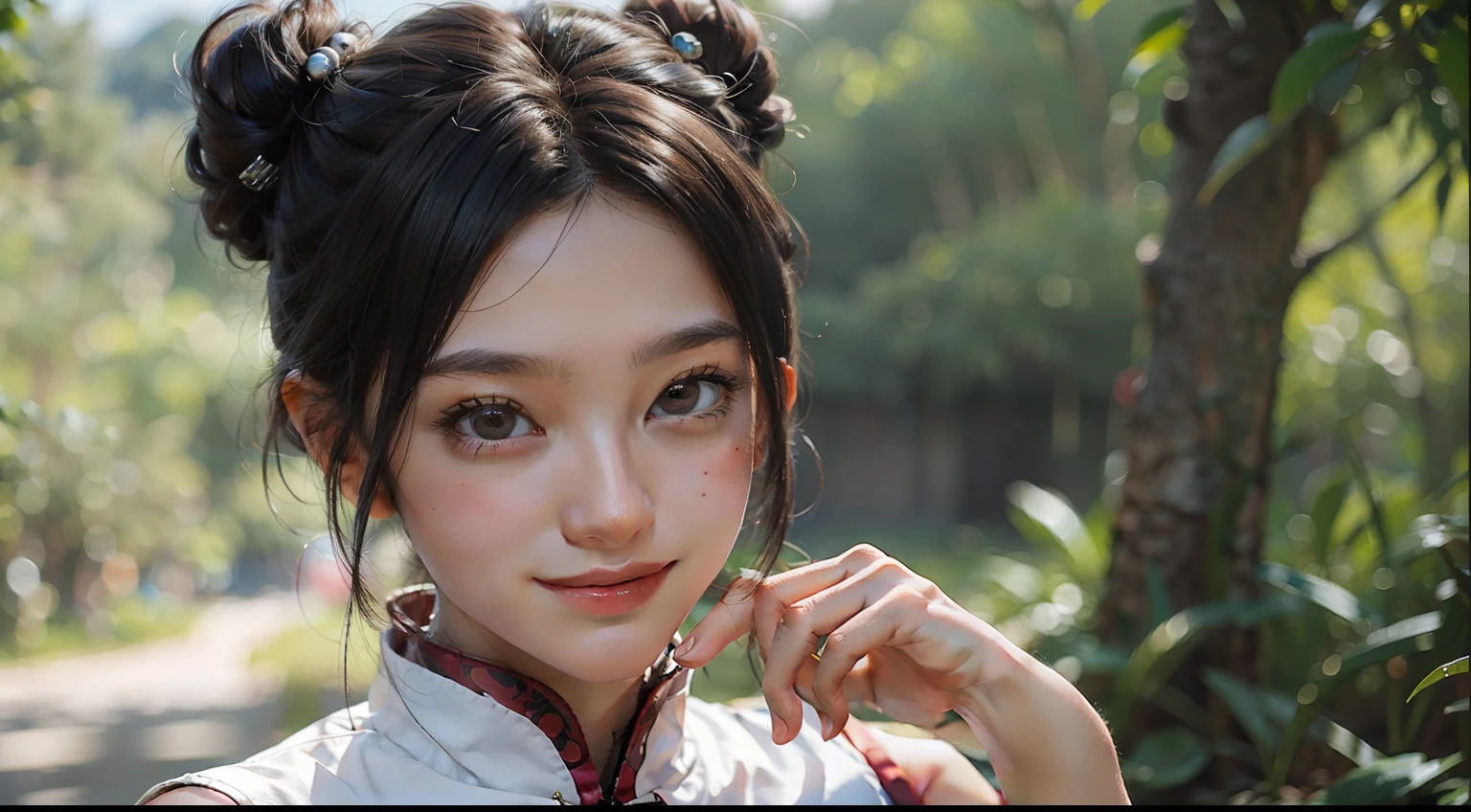 (masterpiece), (best quality), photorealism, realistic, ultra detailed, 8k resolution, (1girl), solo, beautiful girl, double bun, chinese dress, tenten, tenten from naruto, anime character, smile, cool pose