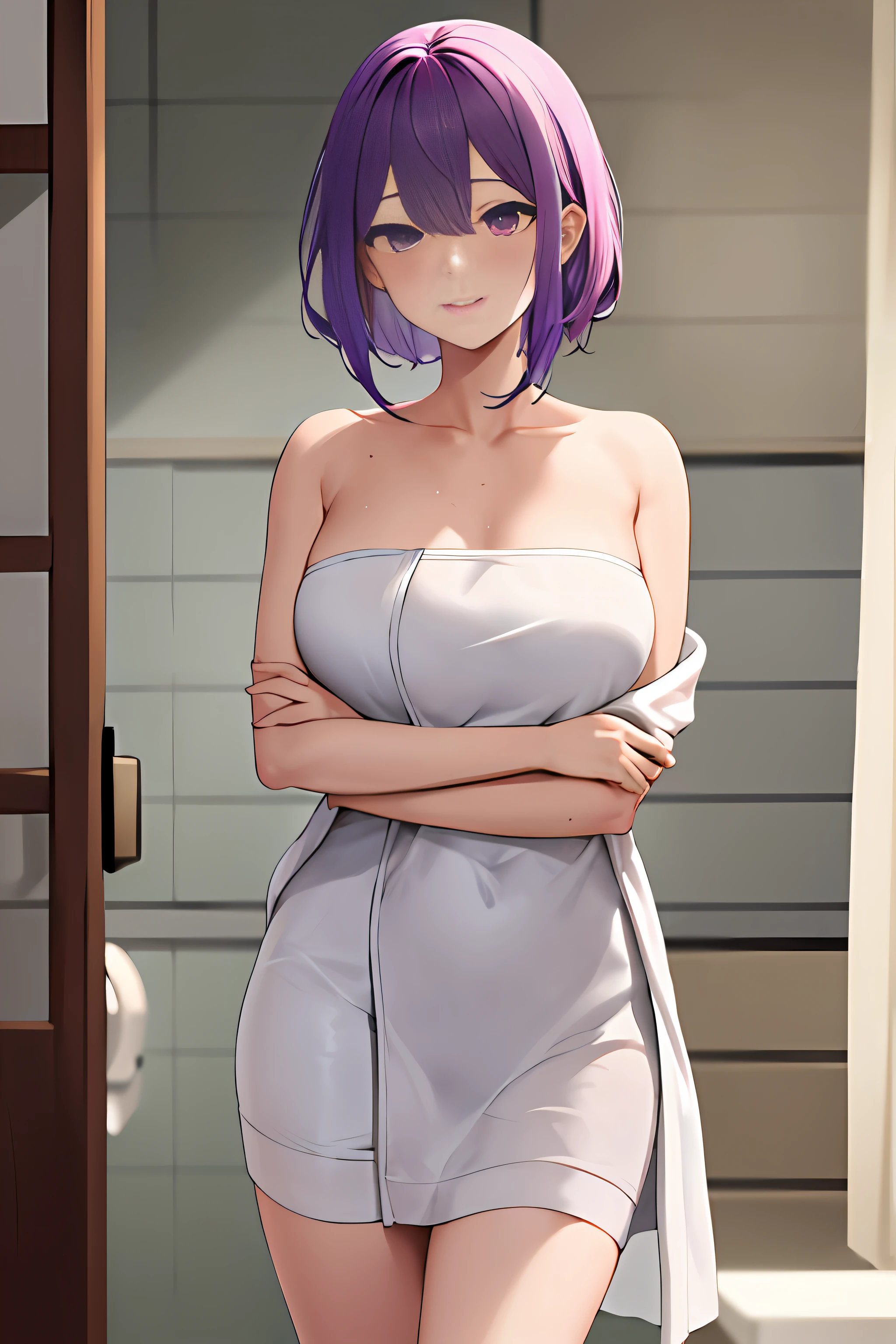 Anime girl in white bath towel,Short fuchsia hair,bobed hair,Purple eyes,A comfortable and relaxed expression,Wrapped in a white bath towel,Sexy bath towel,open shoulders,Covered in water droplets,Just after a shower,seductive anime girls,Stand in the bathroom,Warm lighting,halfbody,Ultraclear,ultra Detailed,best best quality,master masterpiece,