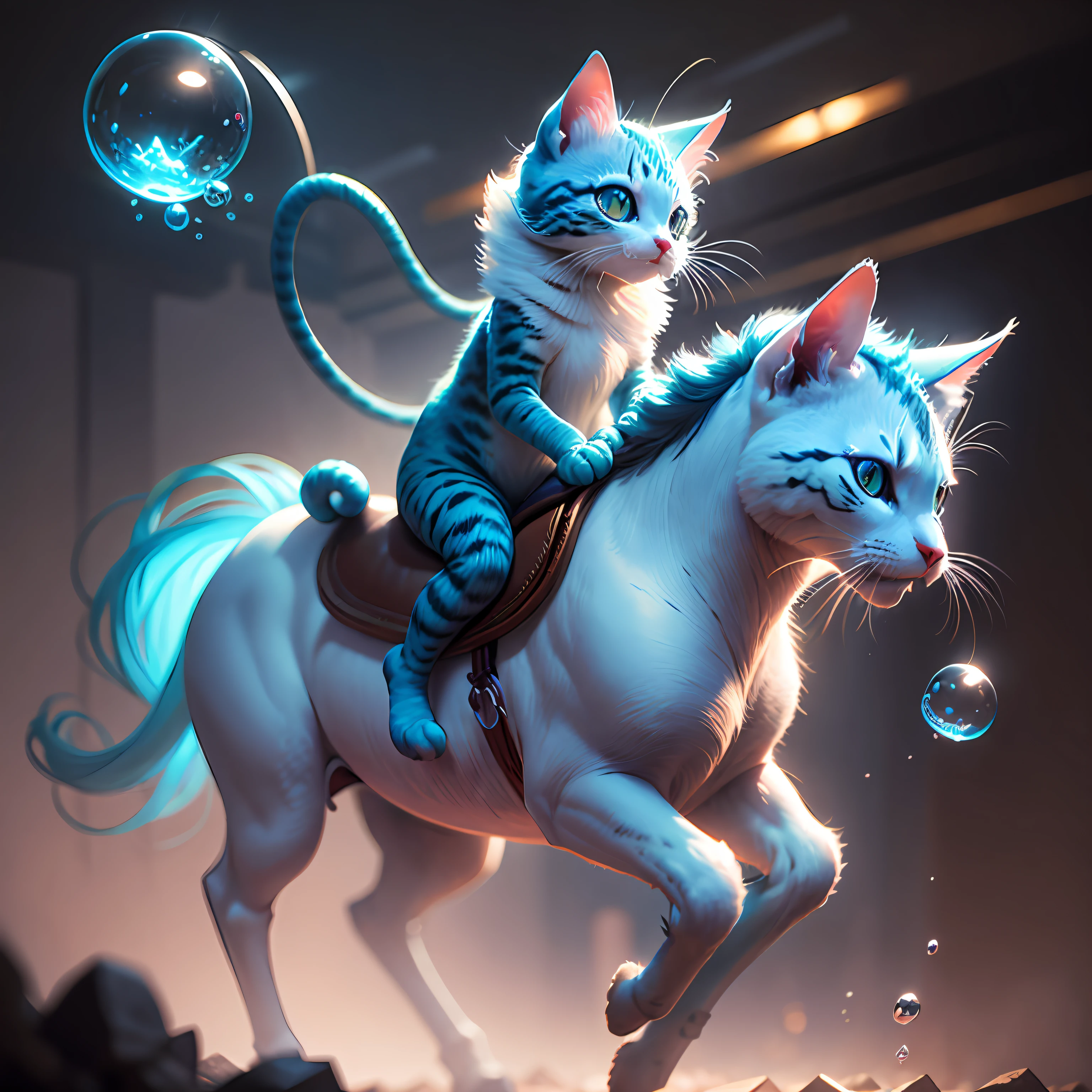 cinematic portrait of cute Mew riding large blue bubble, oil on canvas, masterpiece, trending on artstation, featured on pixiv, cinematic composition, dramatic pose, beautiful lighting, sharp, details, hyper-detailed, HD, HDR, 4K, 8K