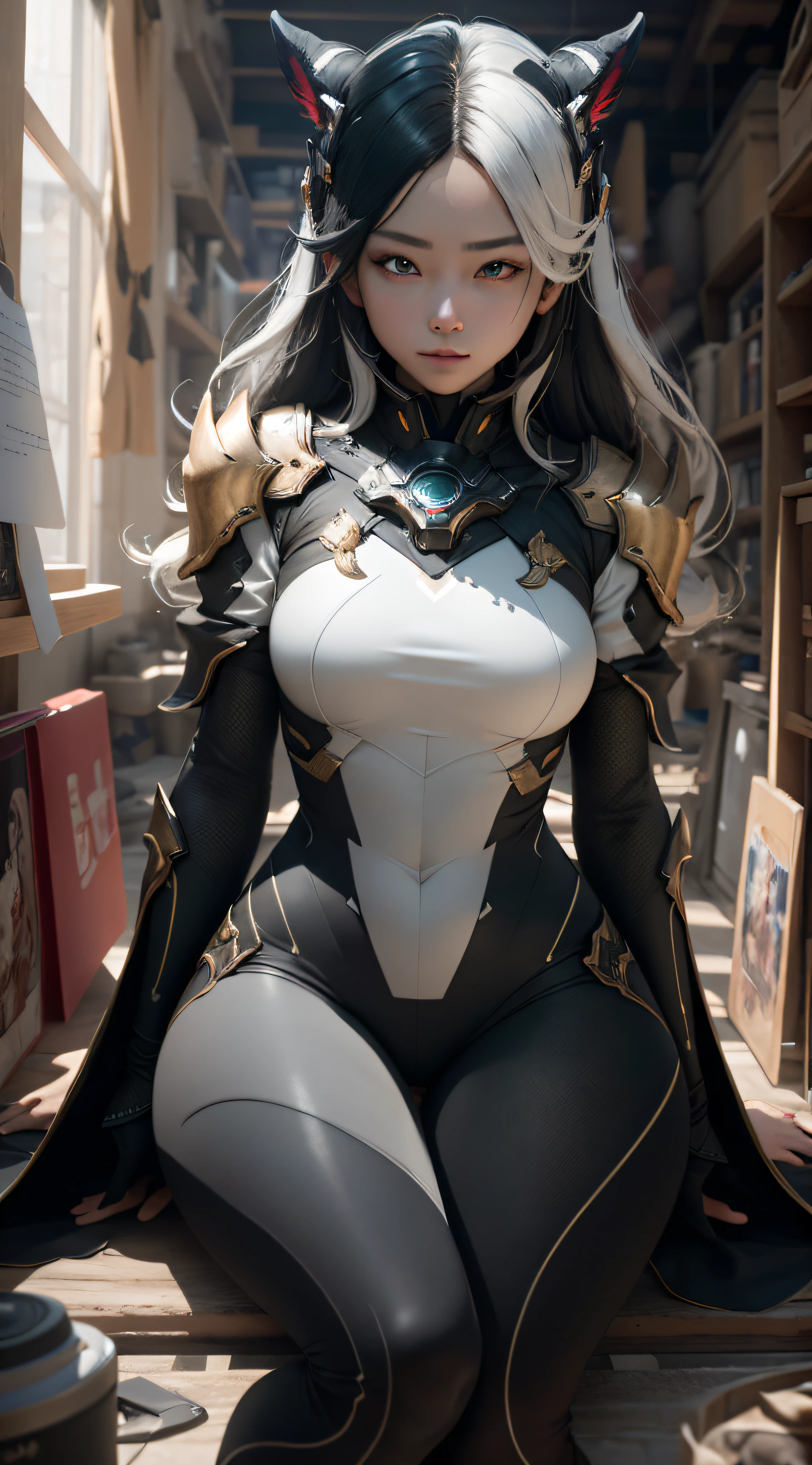 A girl sitting in a sci-fi world， （sits：1.4）， （Thick stature：1.4）， （Perfect Scale：1.4）， （gold long hair：1.4）， Red Eyes， HDR（high dynamic range）， raytraced， nvidia rtx， Ultra Resolution， 虚幻5， Subsurface scattering， pbr texturing， Post-working， anisotropic filtering， depth offield ，maximum clarity and sharpness， multilayer textures， Albedo and Specular map， Surface coloring， Accurate simulation of photo-Material Interaction， octanerendering、two-tone illumination、Low ISO、white balance、trichotomy、large aperture、8K RAW、efficient subpixel、Subpixel Convolution、（glowing particles：1.4）、{{master masterpiece、best best quality、Extremely detailed CG、Unity 8k 壁纸、3D、cinematic Lighting、Lens glare}}、（skintight：1.1